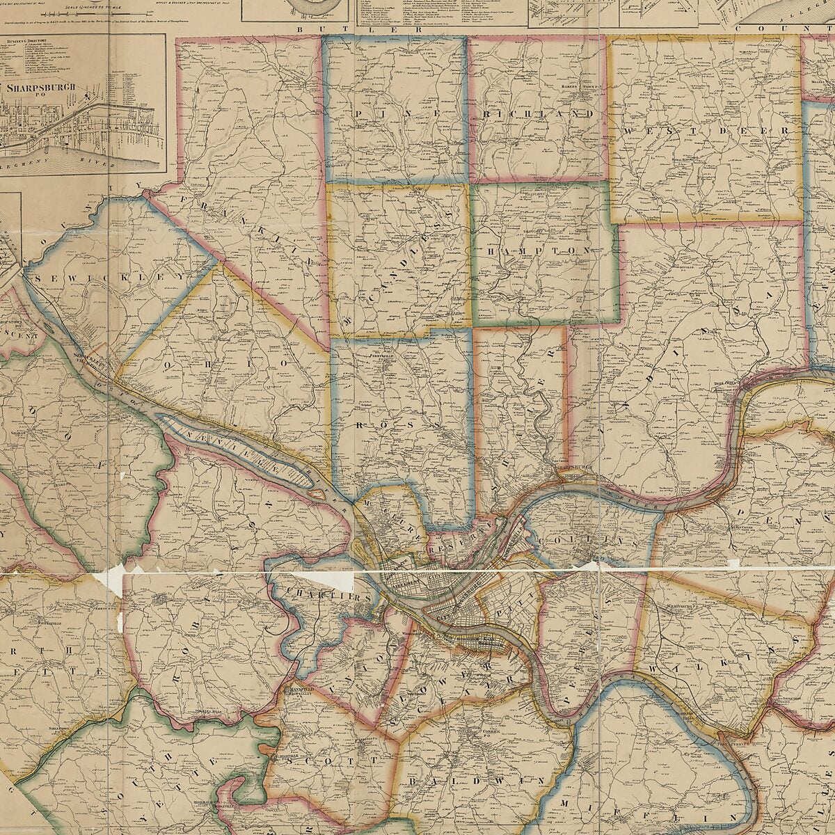 This old map of Map of Allegheny County, Pennsylvania : from Actual Surveys from 1862 was created by F. W. (Frederick W.) Beers, S. N. Beers,  F. Bourquin & Co, A. B. Prindle, Gallup & Hewitt Smith,  Worley & Bracher in 1862
