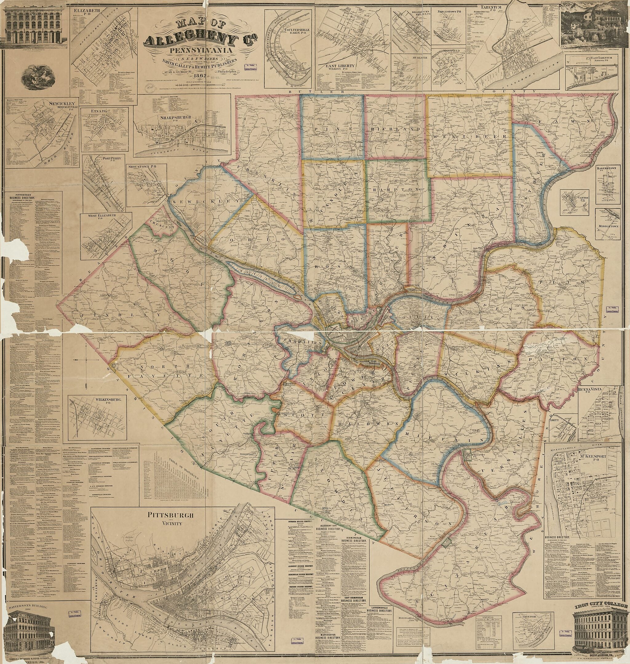 This old map of Map of Allegheny County, Pennsylvania : from Actual Surveys from 1862 was created by F. W. (Frederick W.) Beers, S. N. Beers, F. Bourquin & Co, A. B. Prindle, Gallup & Hewitt Smith, Worley & Bracher in 1862