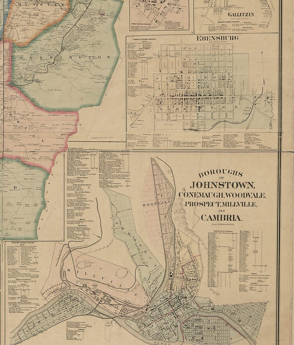 This old map of Map of Cambria County, Pennsylvania : from Actual Surveys & Official Records from 1867 was created by D. G. (Daniel G.) Beers, F. (Frederick) Bourquin, J. H. Goodhue, A. Pomeroy, Frederick B. Roe,  Worley & Bracher in 1867