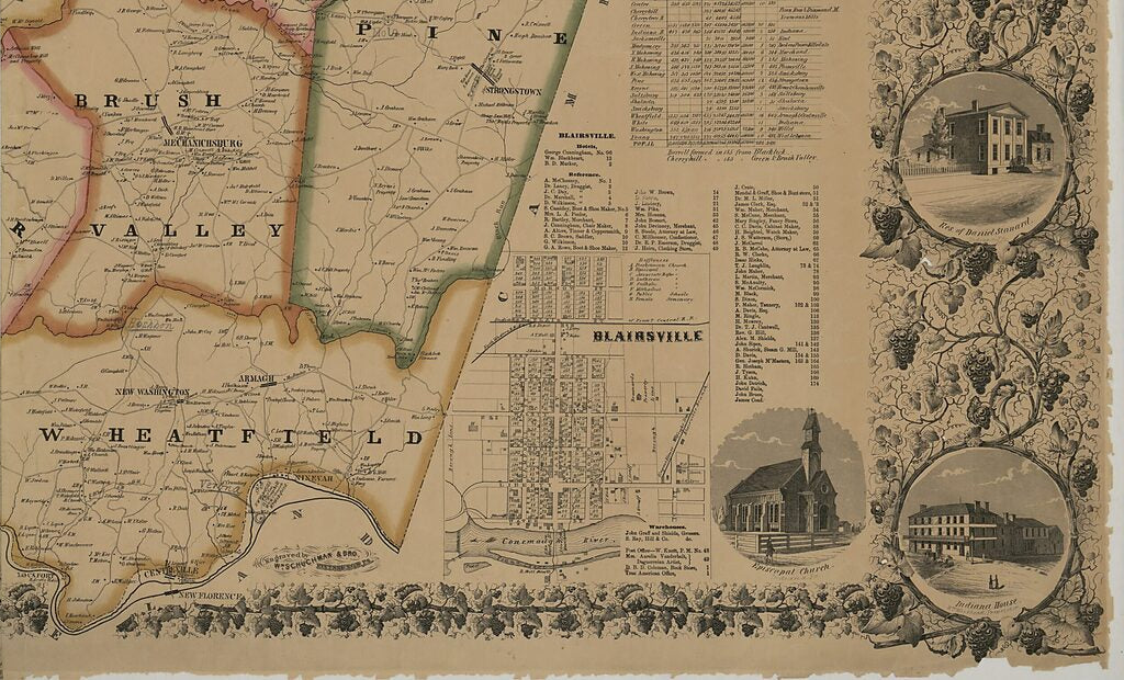 This old map of Map of Indiana County, Pennsylvania from 1856 was created by Wm. J. (William J.) Barker, J. A. Kinter, J. B. McLaughlin, David Peelor,  Wm. Schuchman & Bro in 1856