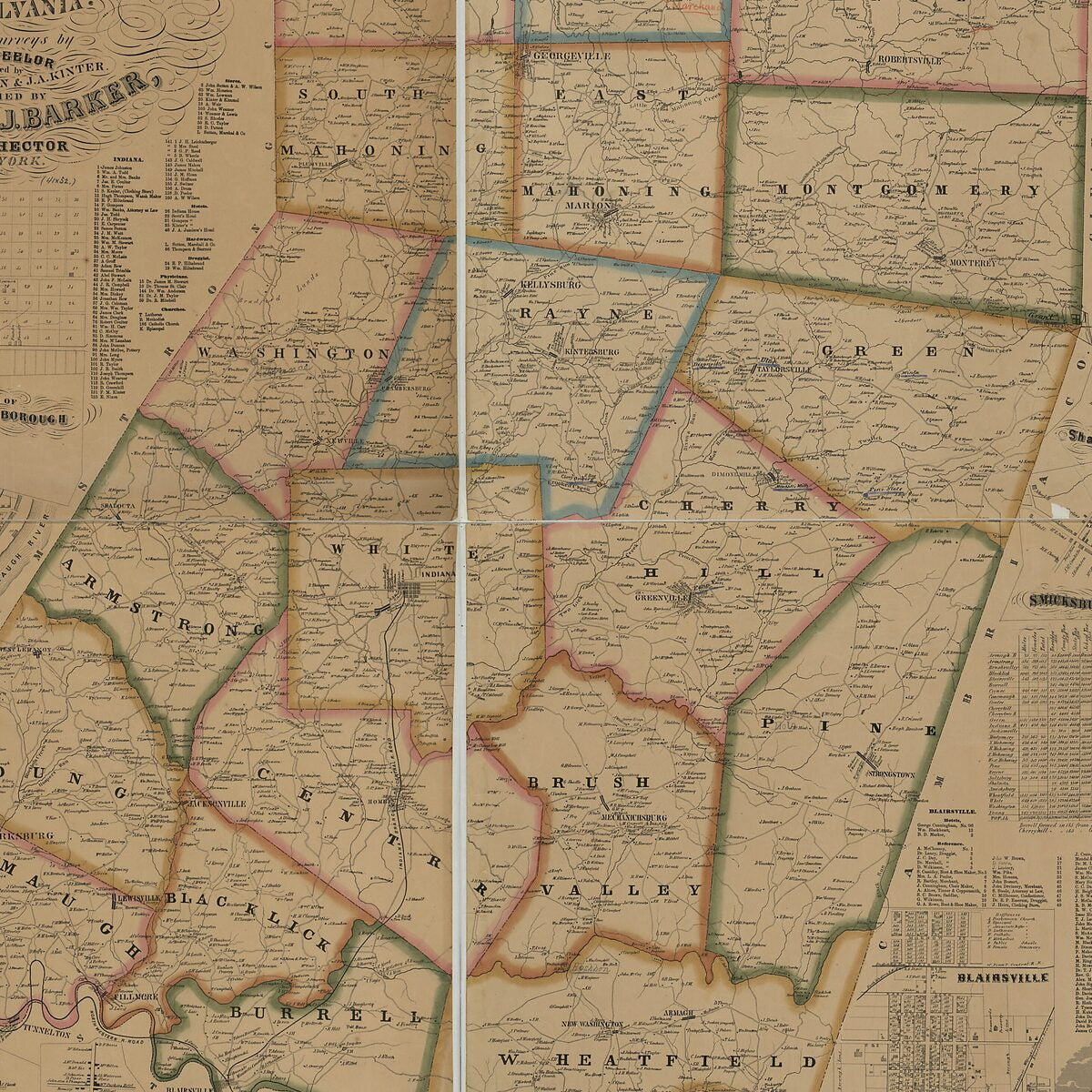 This old map of Map of Indiana County, Pennsylvania from 1856 was created by Wm. J. (William J.) Barker, J. A. Kinter, J. B. McLaughlin, David Peelor,  Wm. Schuchman & Bro in 1856