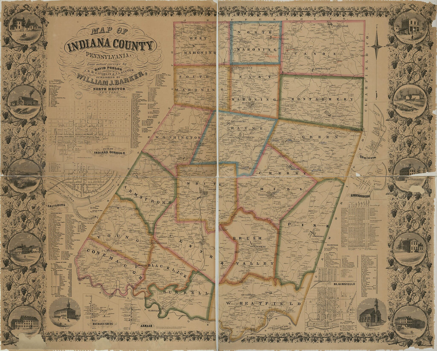 This old map of Map of Indiana County, Pennsylvania from 1856 was created by Wm. J. (William J.) Barker, J. A. Kinter, J. B. McLaughlin, David Peelor,  Wm. Schuchman & Bro in 1856