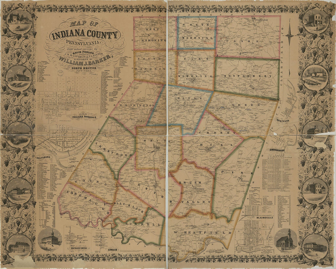 This old map of Map of Indiana County, Pennsylvania from 1856 was created by Wm. J. (William J.) Barker, J. A. Kinter, J. B. McLaughlin, David Peelor, Wm. Schuchman & Bro in 1856