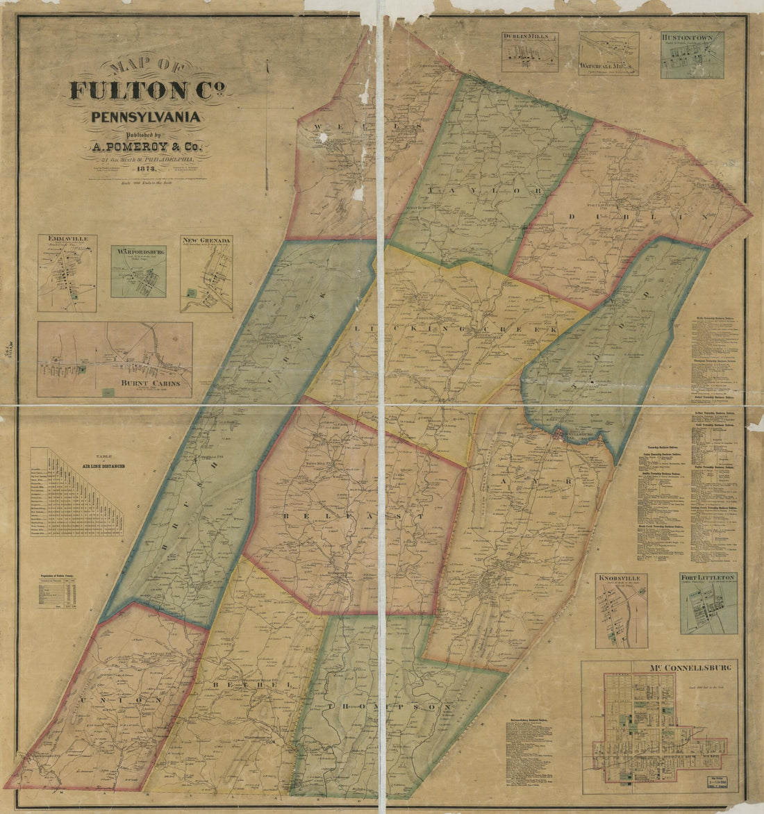 This old map of Map of Fulton Co., Pennsylvania from 1873 was created by A. Pomeroy & Co, F. (Frederick) Bourquin, Worley & Bracher in 1873