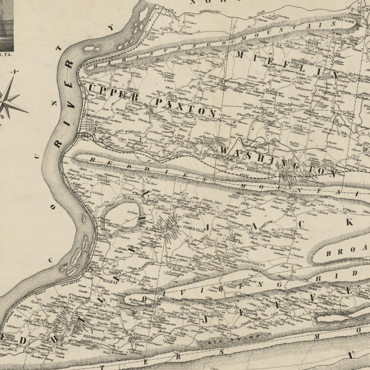 This old map of Map of Dauphin County, Pennsylvania : from Actual Surveys from 1858 was created by Wm. J. (William J.) Barker, J. Southwick,  Wm. J. Barker & Co in 1858