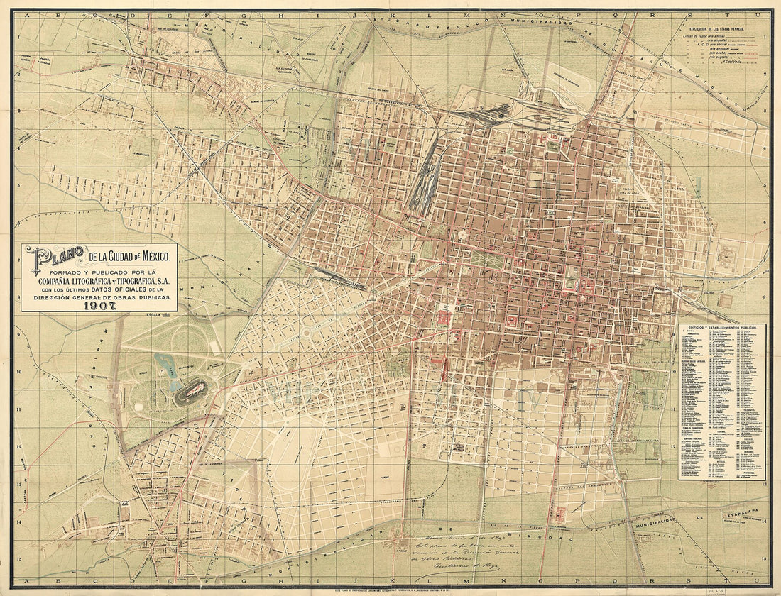 This old map of Plano De La Ciudad De Mexico (Ciudad De Mexico) from 1907 was created by S.A. Compañía Litográfica Y Tipográfica in 1907