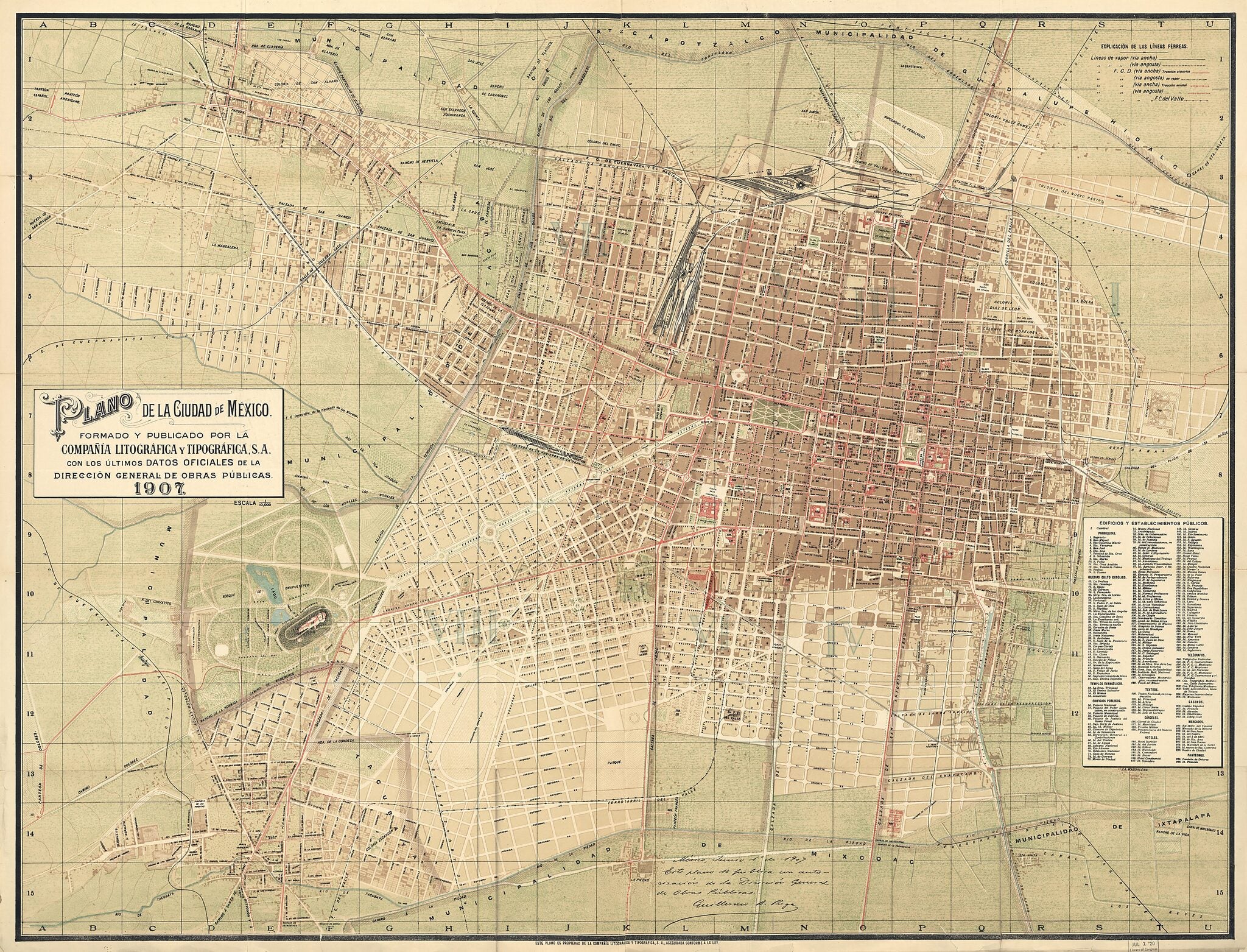 This old map of Plano De La Ciudad De Mexico (Ciudad De Mexico) from 1907 was created by S.A. Compañía Litográfica Y Tipográfica in 1907