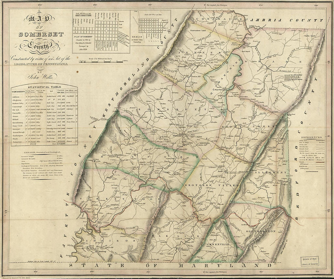 This old map of Map of Somerset County from 1830 was created by John Melish, Pennsylvania. General Assembly, Henry Schenck Tanner, Vallance Tanner, John Wells in 1830