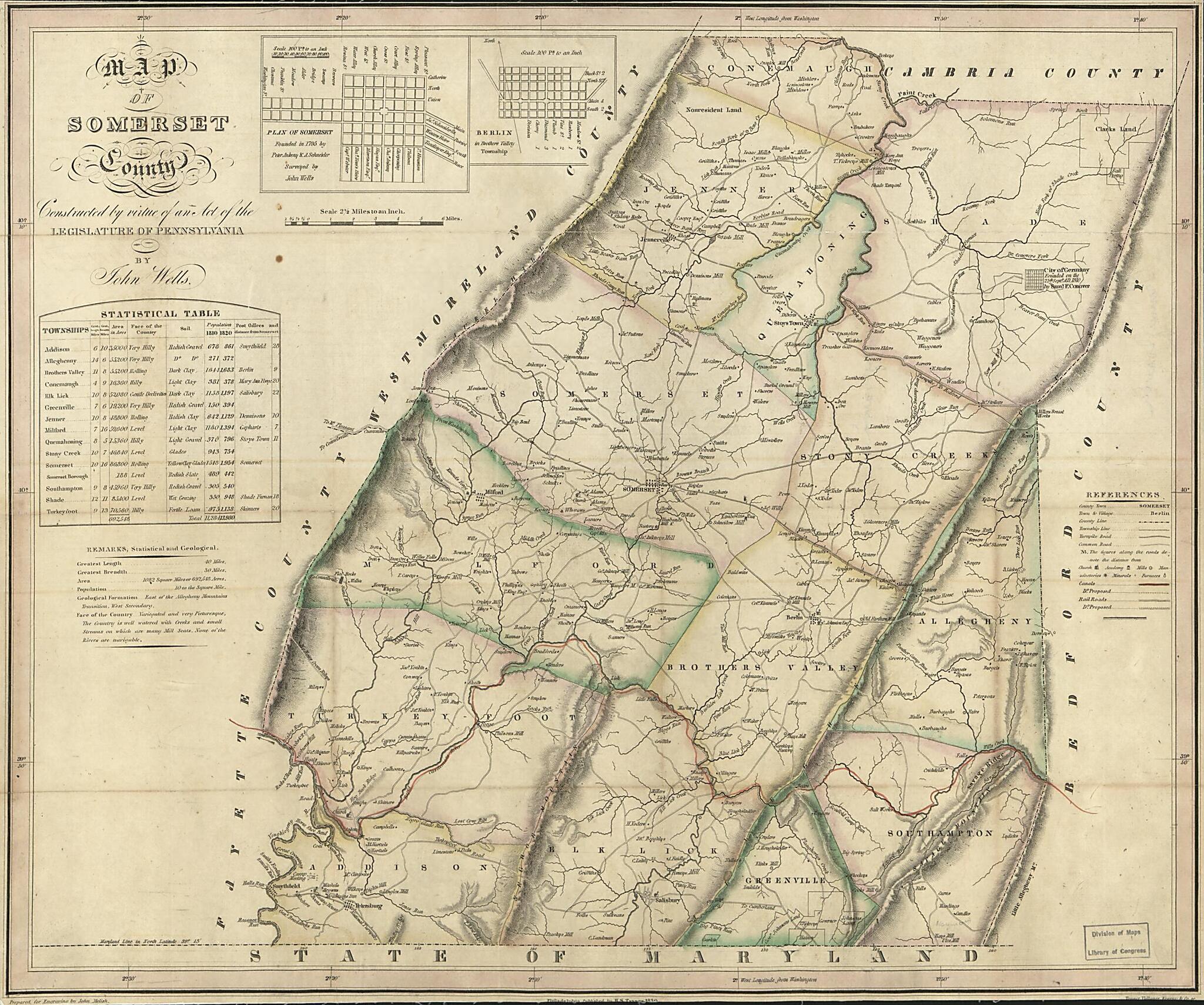 This old map of Map of Somerset County from 1830 was created by John Melish, Pennsylvania. General Assembly, Henry Schenck Tanner, Vallance Tanner, John Wells in 1830