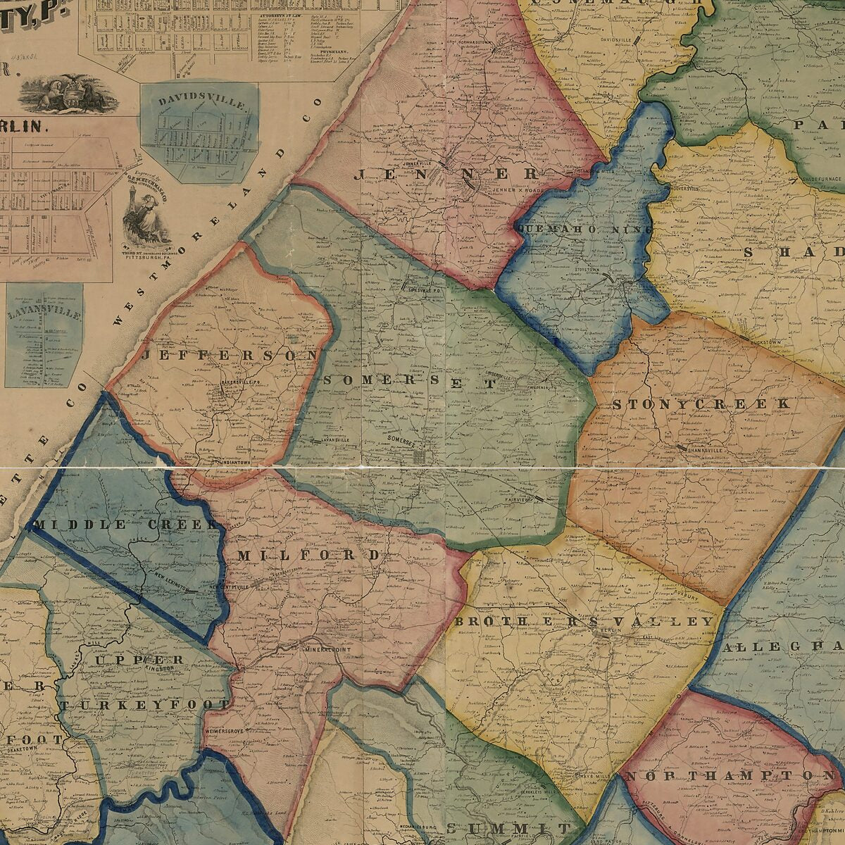 This old map of Map of Somerset County, Pennsylvania from 1860 was created by  G.F. Schuchman & Co, Edward L. Walker in 1860