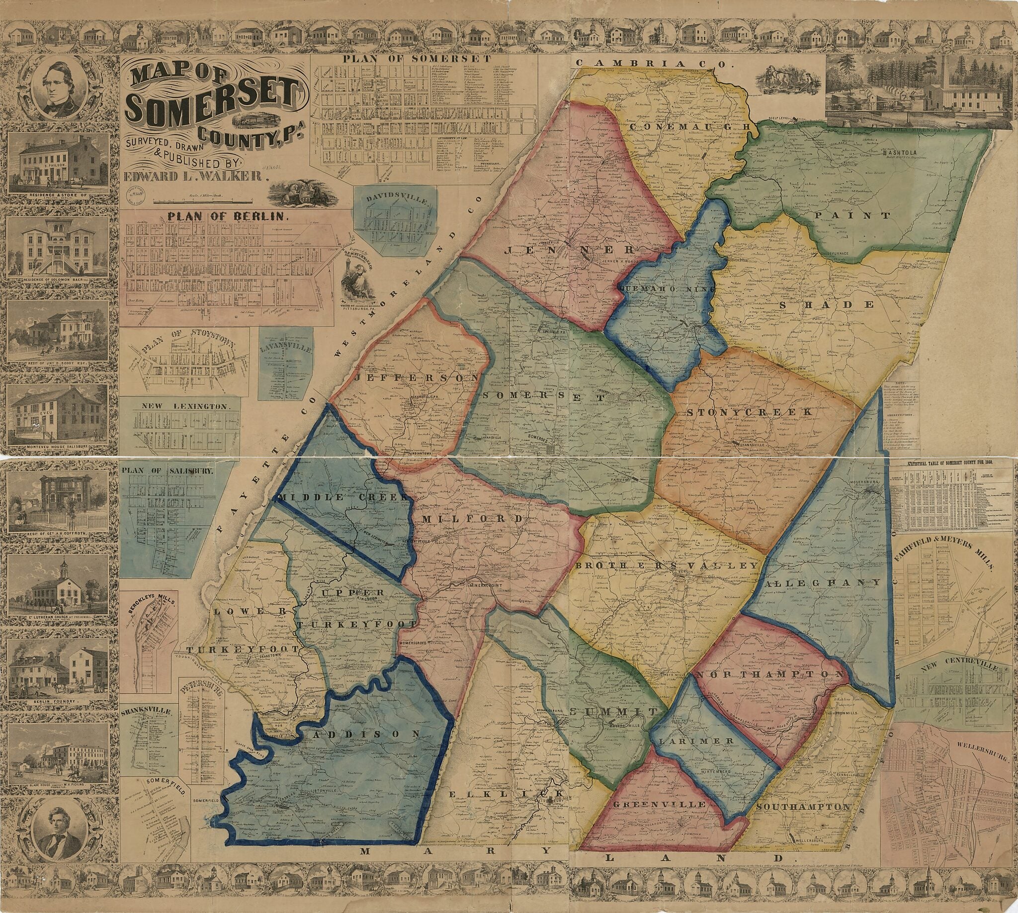 This old map of Map of Somerset County, Pennsylvania from 1860 was created by G.F. Schuchman & Co, Edward L. Walker in 1860
