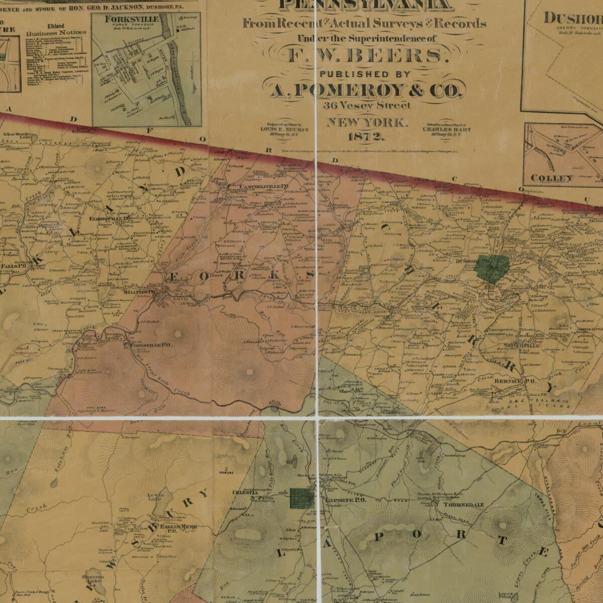 This old map of Topographical Map of Sullivan Co., Pennsylvania : from Recent and Actual Surveys and Records from 1872 was created by  A. Pomeroy & Co, F. W. (Frederick W.) Beers, Chas. (Charles) Hart, Louis E. Neumann in 1872