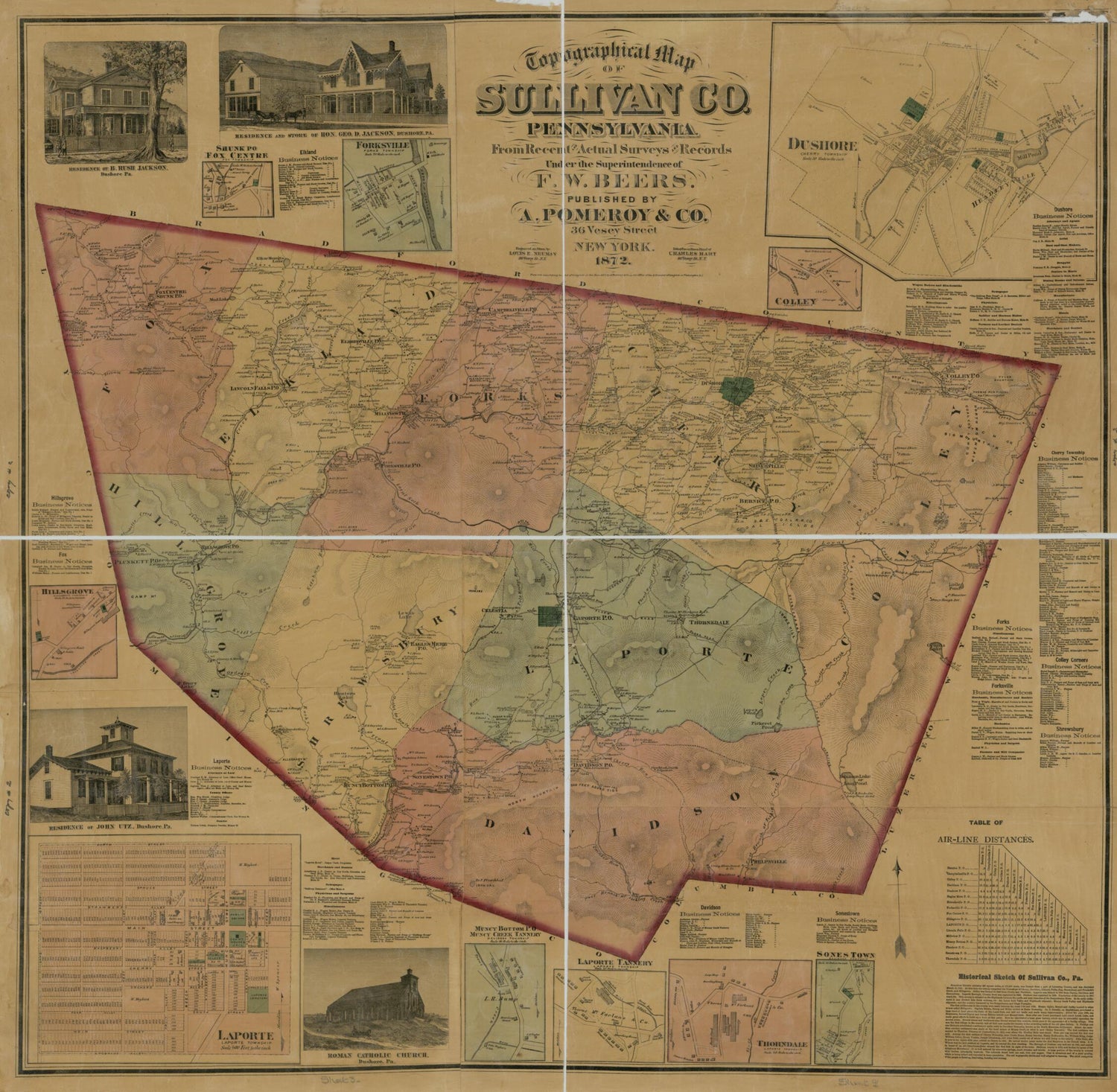 This old map of Topographical Map of Sullivan Co., Pennsylvania : from Recent and Actual Surveys and Records from 1872 was created by  A. Pomeroy & Co, F. W. (Frederick W.) Beers, Chas. (Charles) Hart, Louis E. Neumann in 1872
