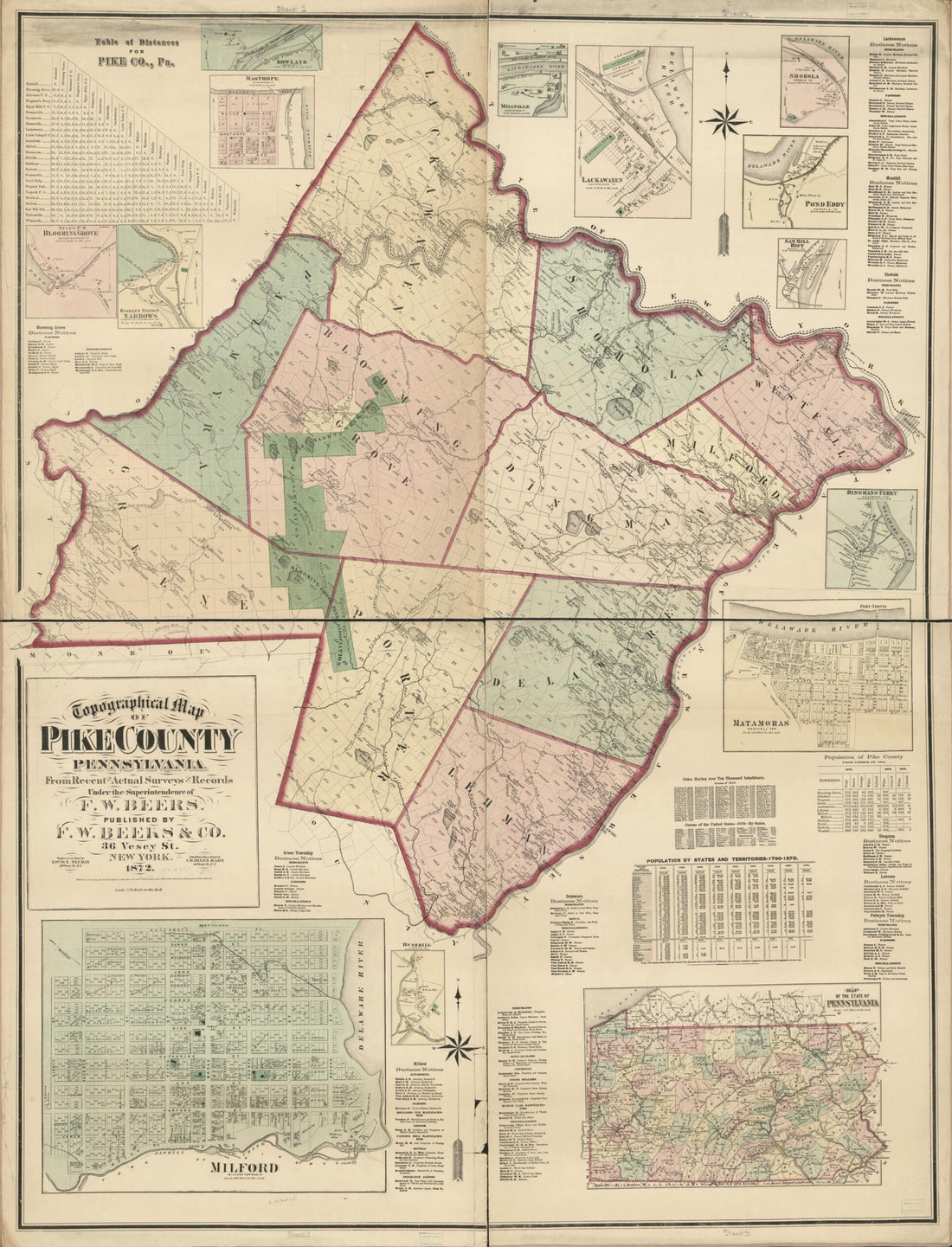 This old map of Topographical Map of Pike County, Pennsylvania : from Recent and Actual Surveys and Records from 1872 was created by F. W. (Frederick W.) Beers, F.W. Beers & Co, Chas. (Charles) Hart, Louis E. Neumann in 1872