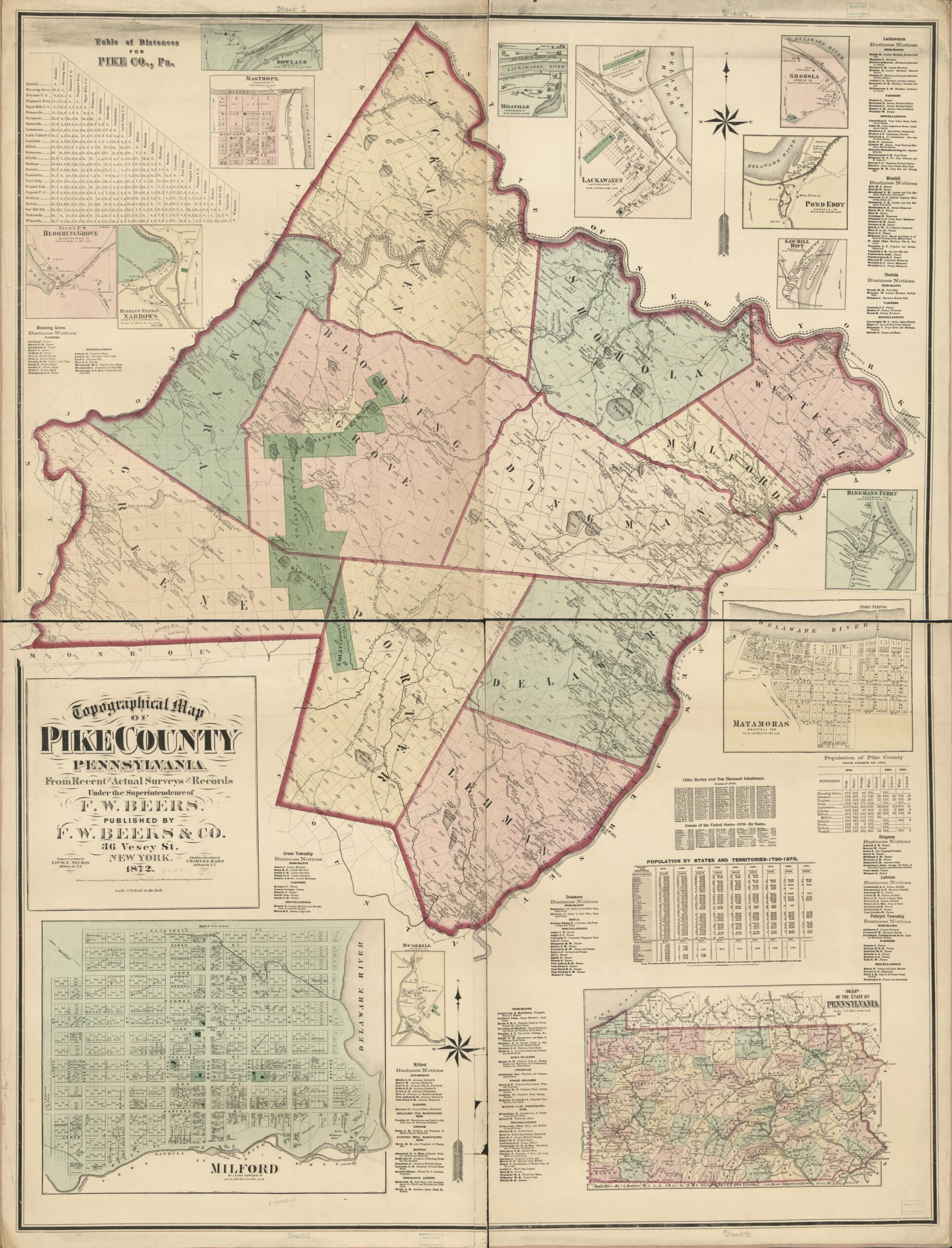 This old map of Topographical Map of Pike County, Pennsylvania : from Recent and Actual Surveys and Records from 1872 was created by F. W. (Frederick W.) Beers, F.W. Beers & Co, Chas. (Charles) Hart, Louis E. Neumann in 1872
