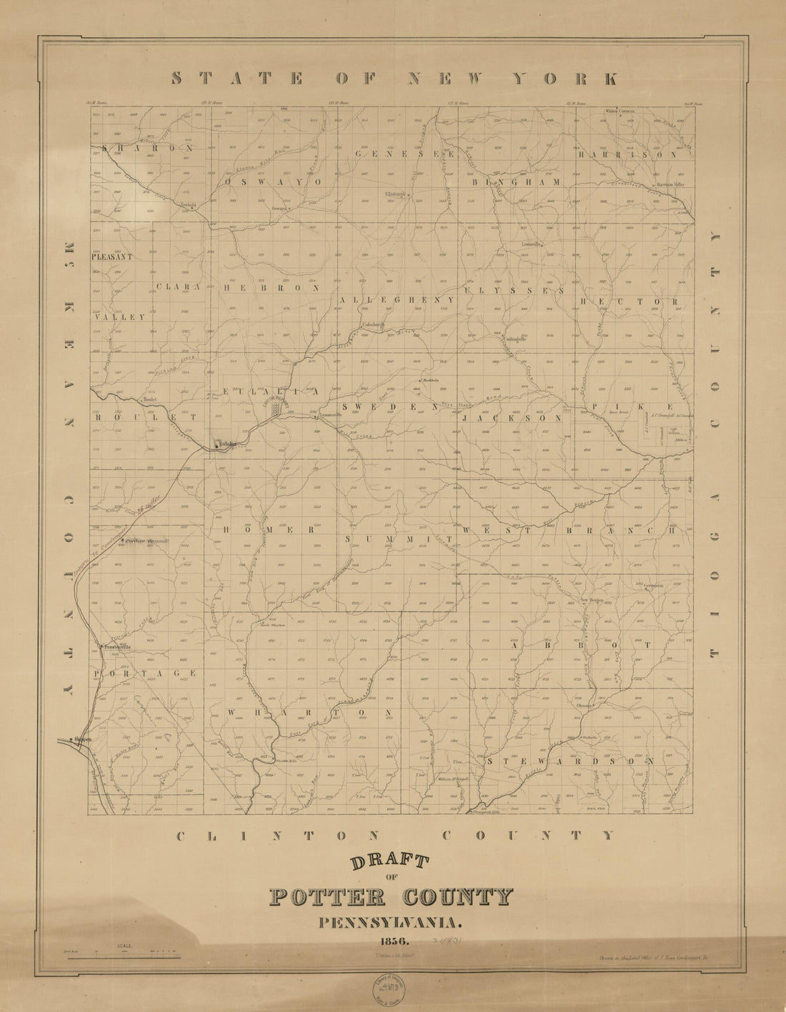 This old map of Draft of Potter County, Pennsylvania from 1856 was created by Land Office of S. Ross, T. Sinclair&