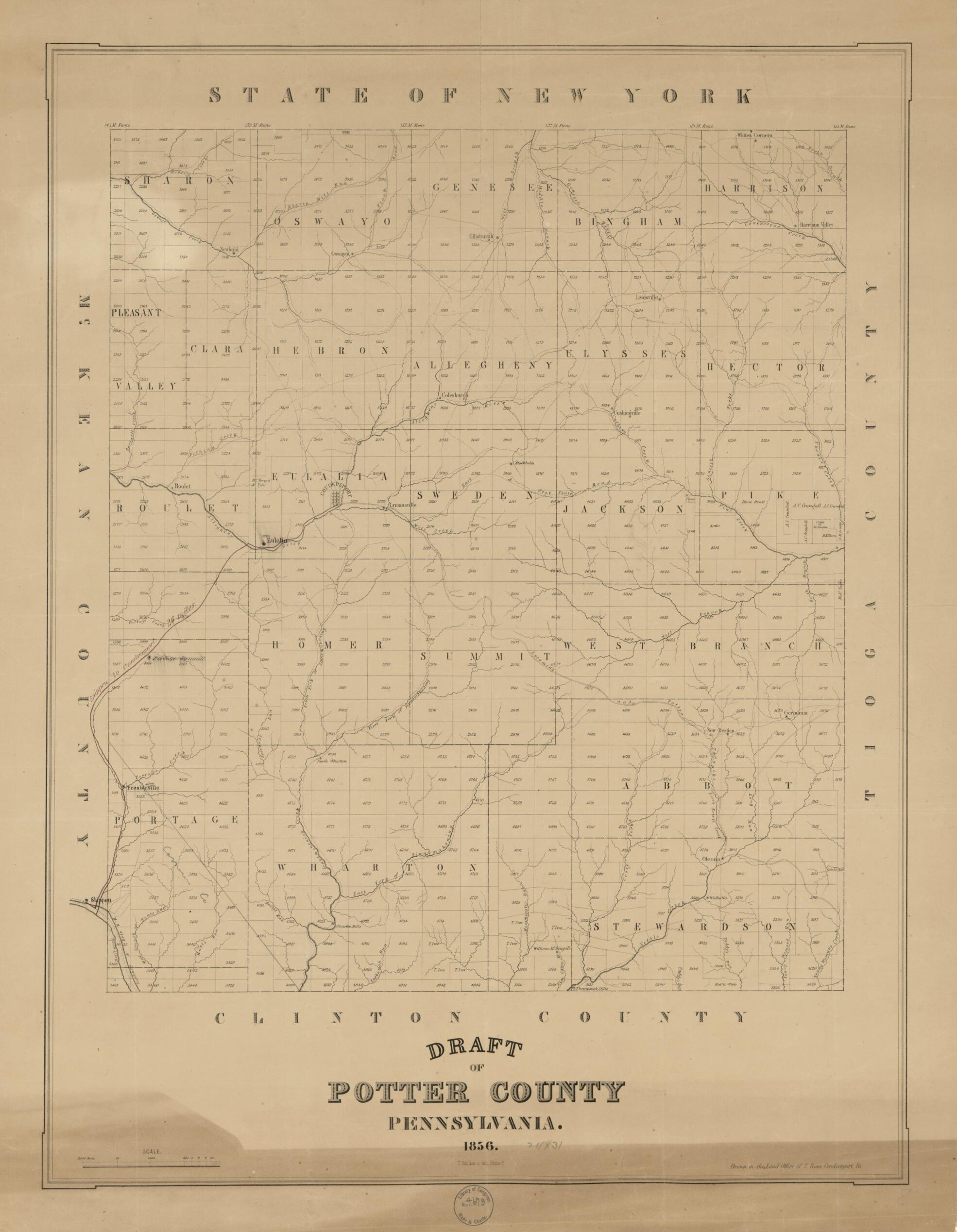 This old map of Draft of Potter County, Pennsylvania from 1856 was created by Land Office of S. Ross, T. Sinclair&