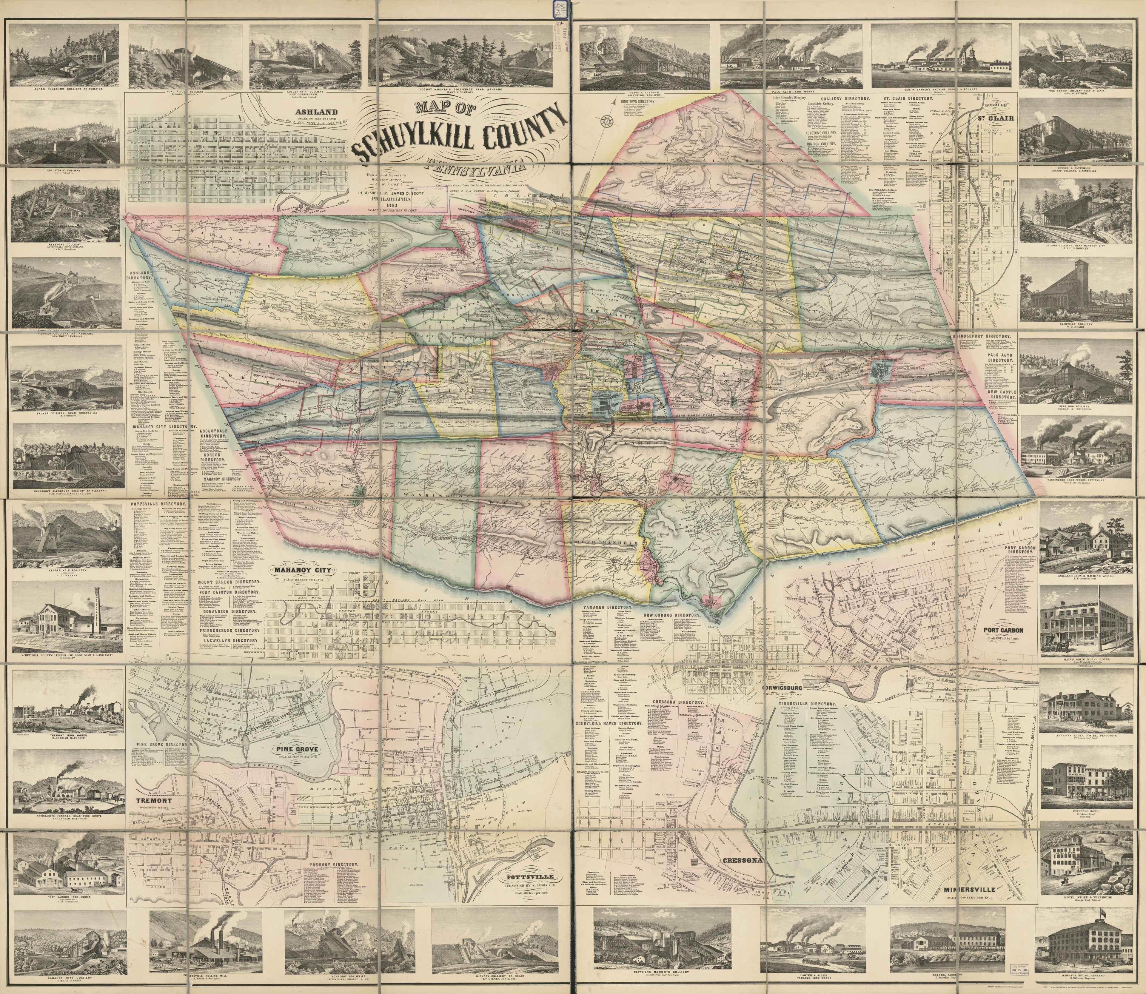 This old map of Map of Schuylkill County, Pennsylvania : from Actual Surveys (Map of Schuylkill Co) from 1863 was created by W. J. Cox, S. Lewis & J.S. Hawley Civil Engineers, James D. Scott, Walter Scott in 1863