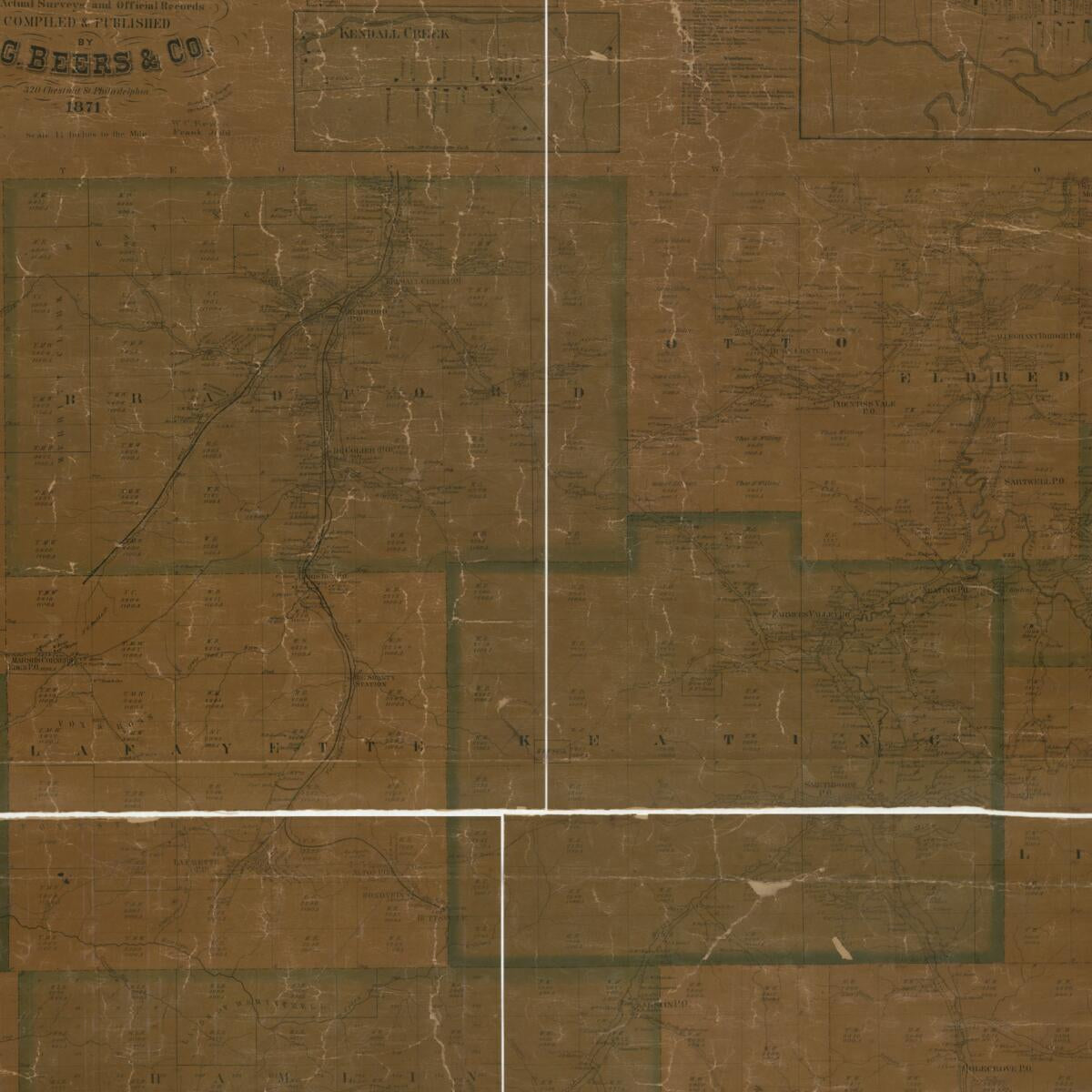 This old map of Map of McKean Co., Pennsylvania : from Actual Surveys and Official Records from 1871 was created by D. G. (Daniel G.) Beers, F. (Frederick) Bourquin,  D.G. Beers & Co, J. H. Goodhue,  Worley & Bracher in 1871