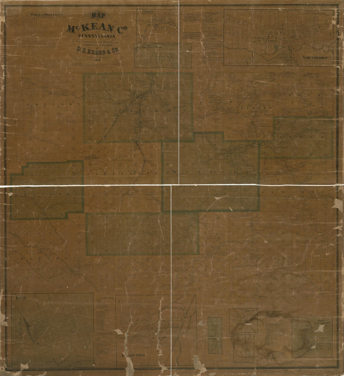 This old map of Map of McKean Co., Pennsylvania : from Actual Surveys and Official Records from 1871 was created by D. G. (Daniel G.) Beers, F. (Frederick) Bourquin, D.G. Beers & Co, J. H. Goodhue, Worley & Bracher in 1871