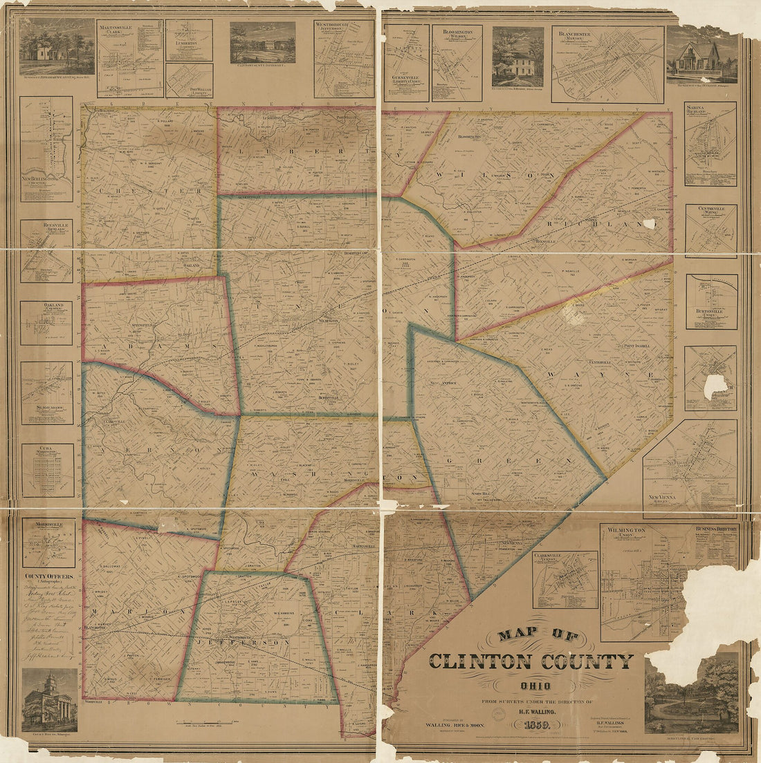 This old map of Map of Clinton County, Ohio from 1859 was created by H.F. Wallings Map Establishment, Henry Francis Walling in 1859