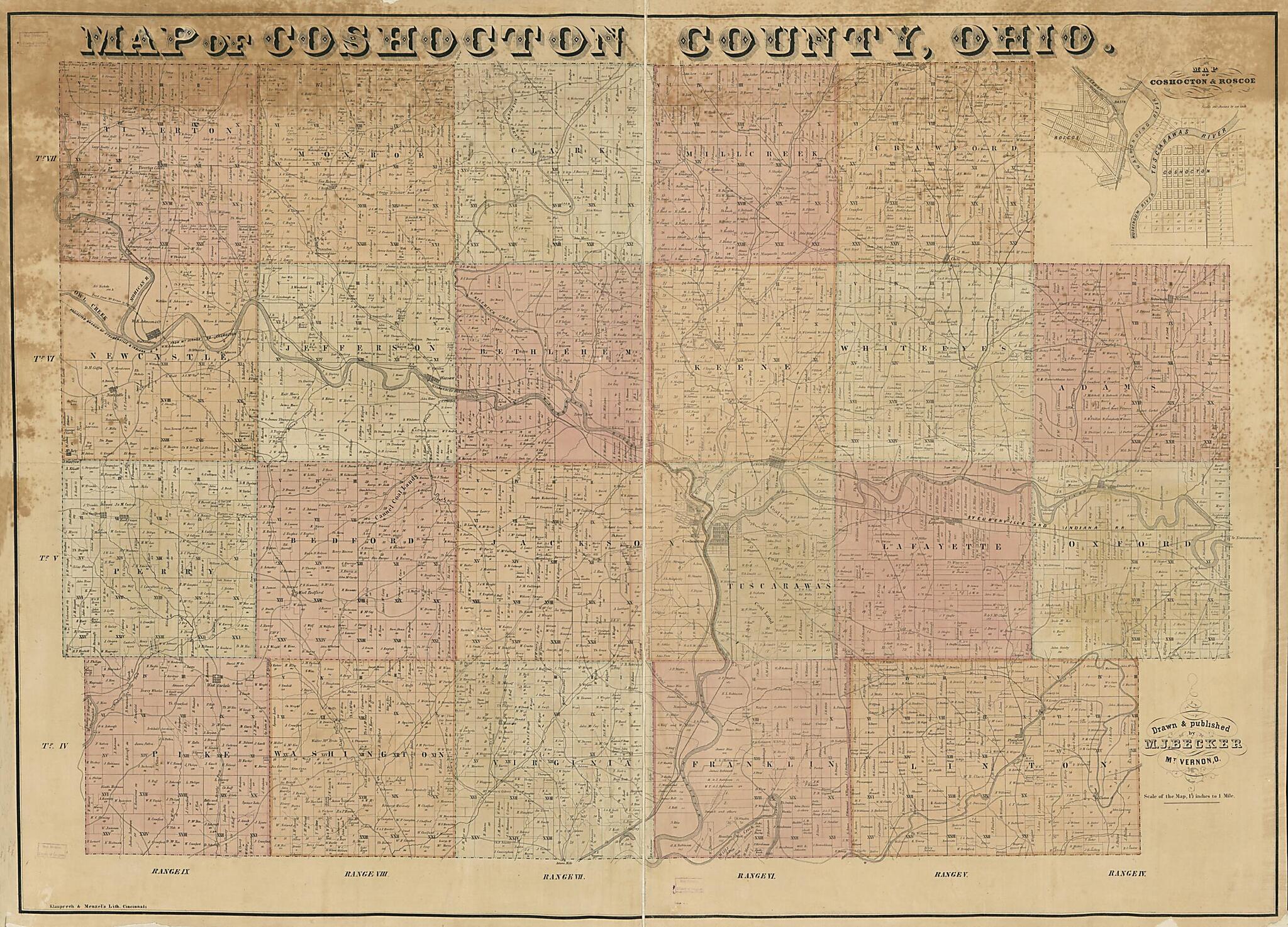 This old map of Map of Coshocton County, Ohio from 1850 was created by M. J. Becker, Klauprech & Menzel in 1850