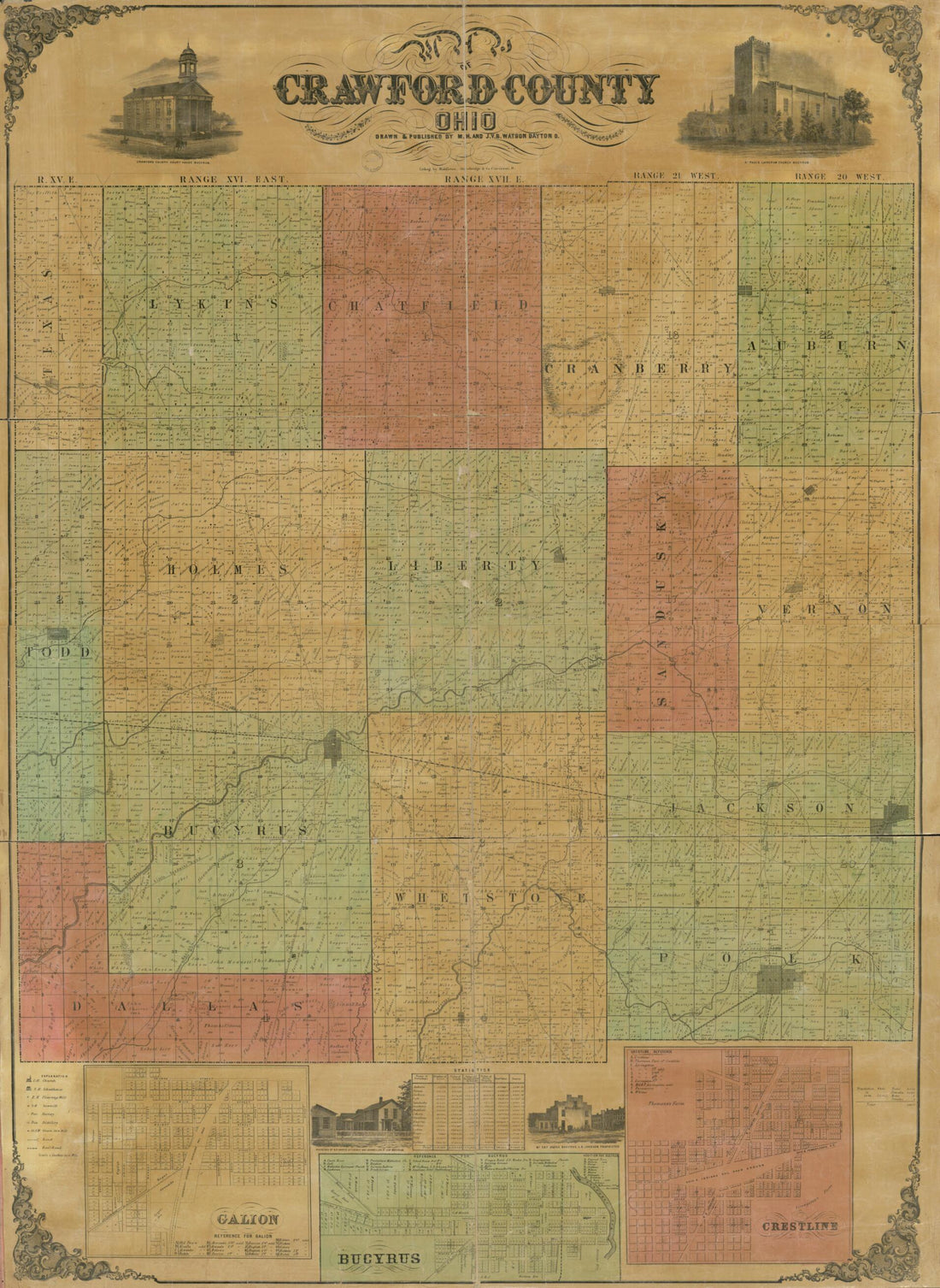 This old map of Map of Crawford County, Ohio from 1850 was created by M.H. And J.V.B Watson in 1850