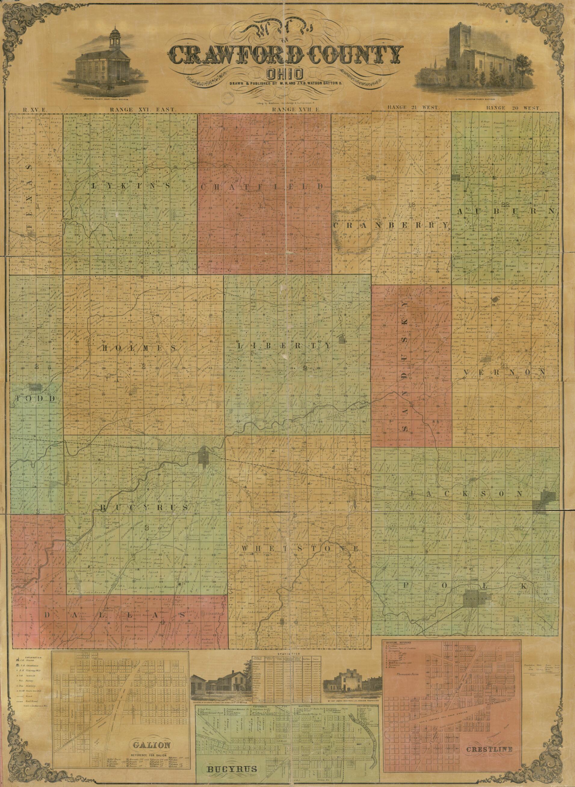 This old map of Map of Crawford County, Ohio from 1850 was created by M.H. And J.V.B Watson in 1850