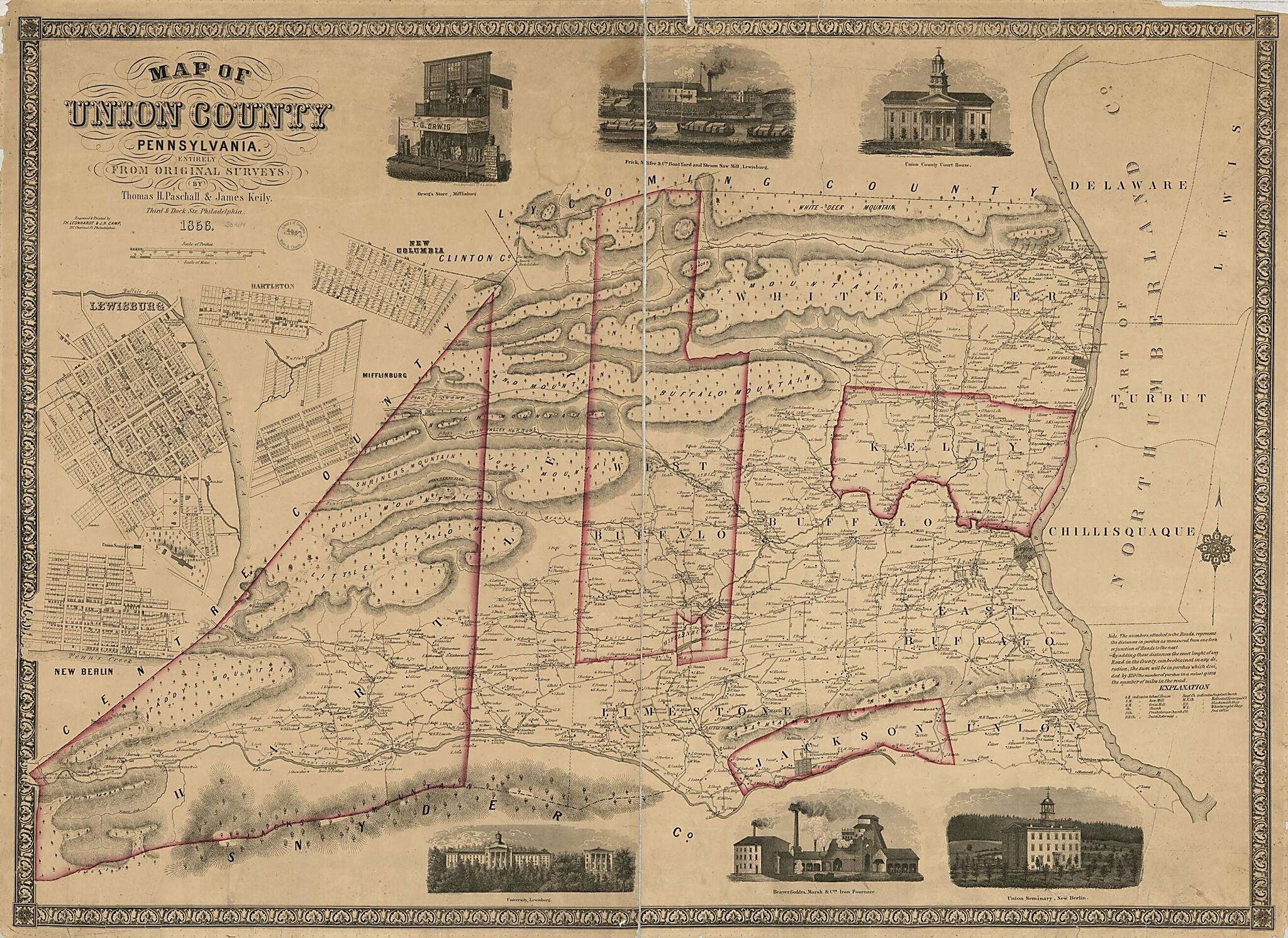 This old map of Map of Union County, Pennsylvania : Entirely from Original Surveys from 1856 was created by John Henry Camp, James Keily, Theo. (Theodore) Leonhardt, Thomas H. Paschall in 1856