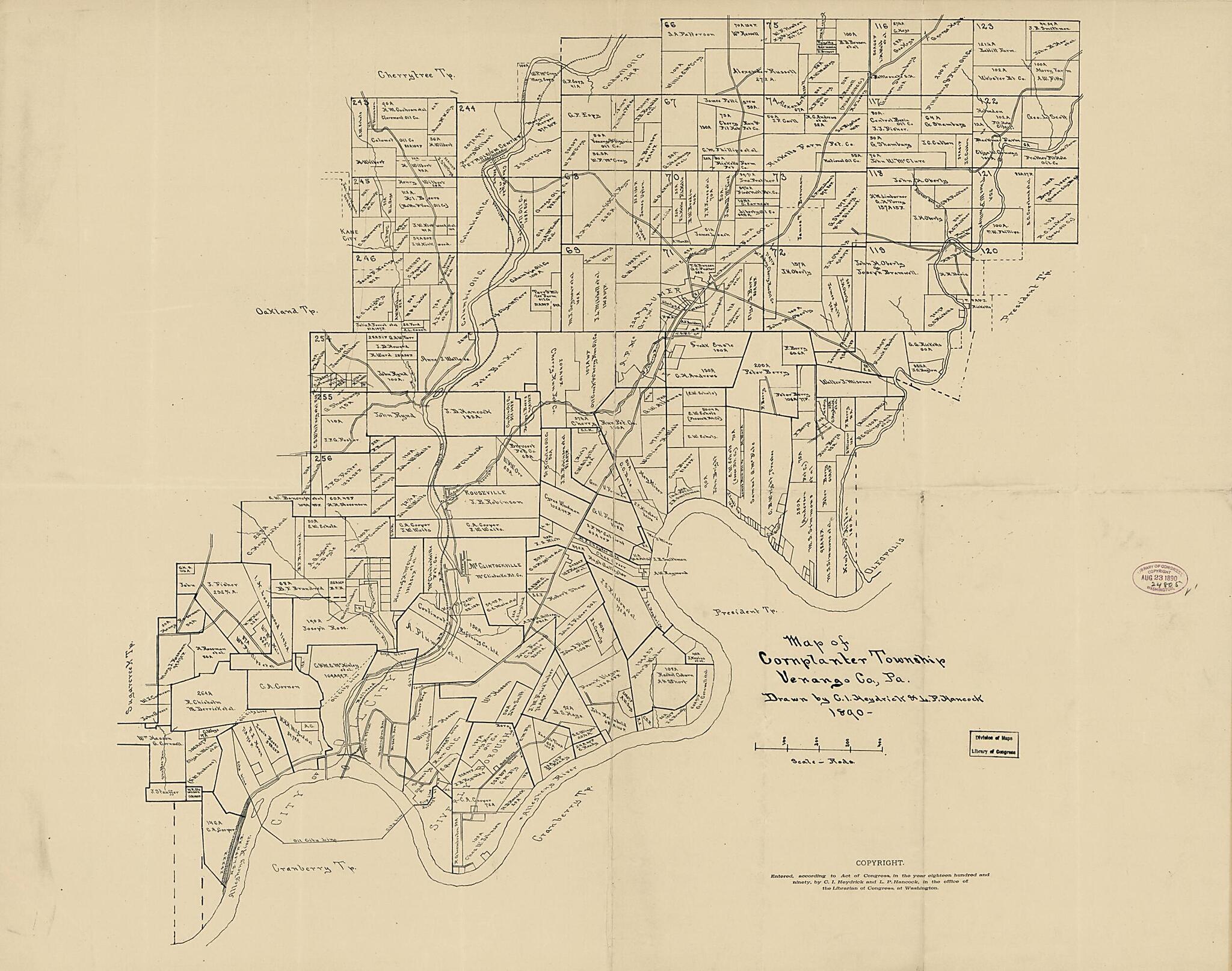 This old map of Map of Cornplanter Township, Venango County, Pennsylvania from 1890 was created by L. P. Hancock, C. I. Heydrick in 1890