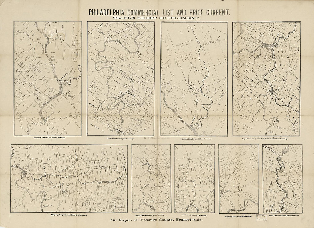 This old map of Oil Region of Venango County, Pennsylvania. (Philadelphia Commercial List and Price Current : Triple Sheet Supplement) from 1866 was created by L. N. (Louis N.) Rosenthal in 1866