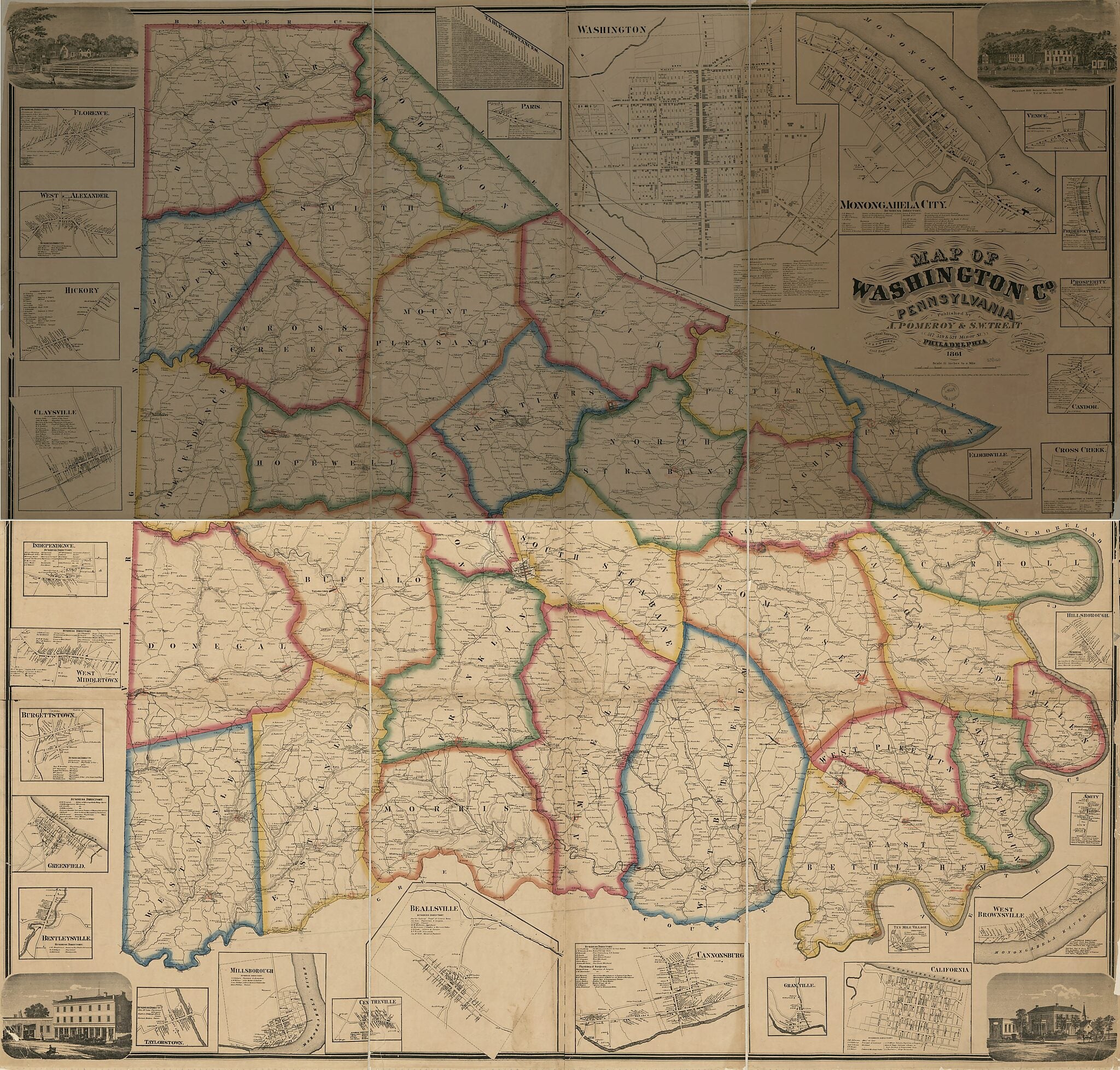This old map of Map of Washington County, Pennsylvania : from Actual Surveys from 1861 was created by  A. Pomeroy & S.W. Treat, F. W. (Frederick W.) Beers, S. N. Beers,  G.G. Soule & E.H. Quick,  Worley & Bracher in 1861