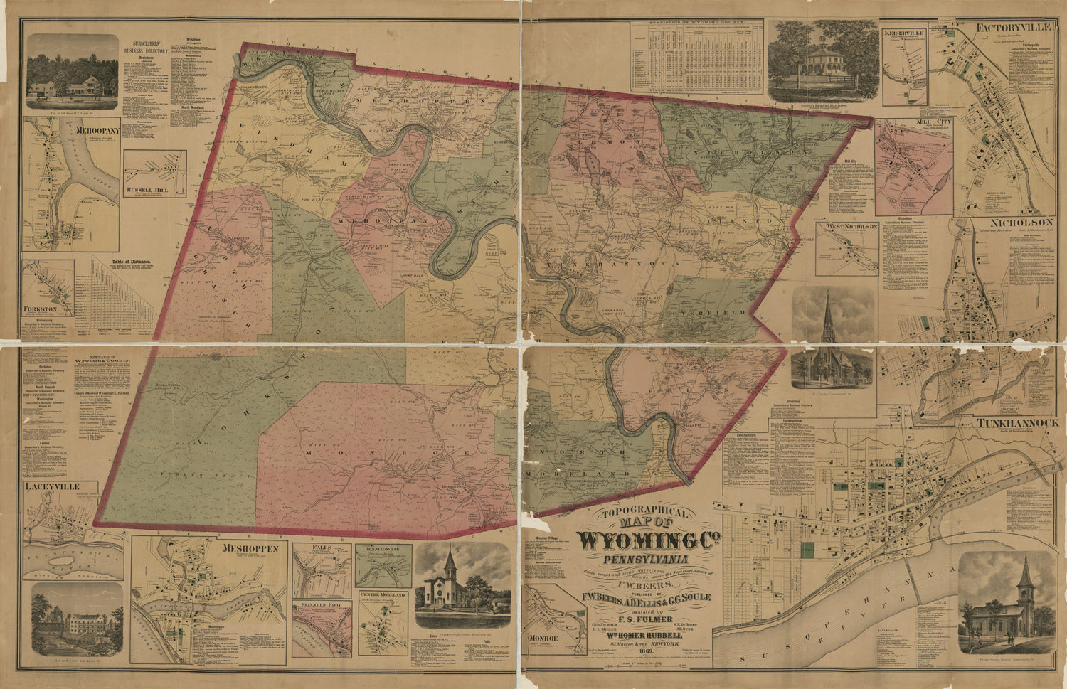 This old map of Topographical Map of Wyoming Co., Pennsylvania : from Recent and Actual Surveys and Records from 1869 was created by F. W. (Frederick W.) Beers, F. S. Fulmer, Wm. Homer (William Homer) Hubbell, James McGuigan,  Worley & Bracher in 1869