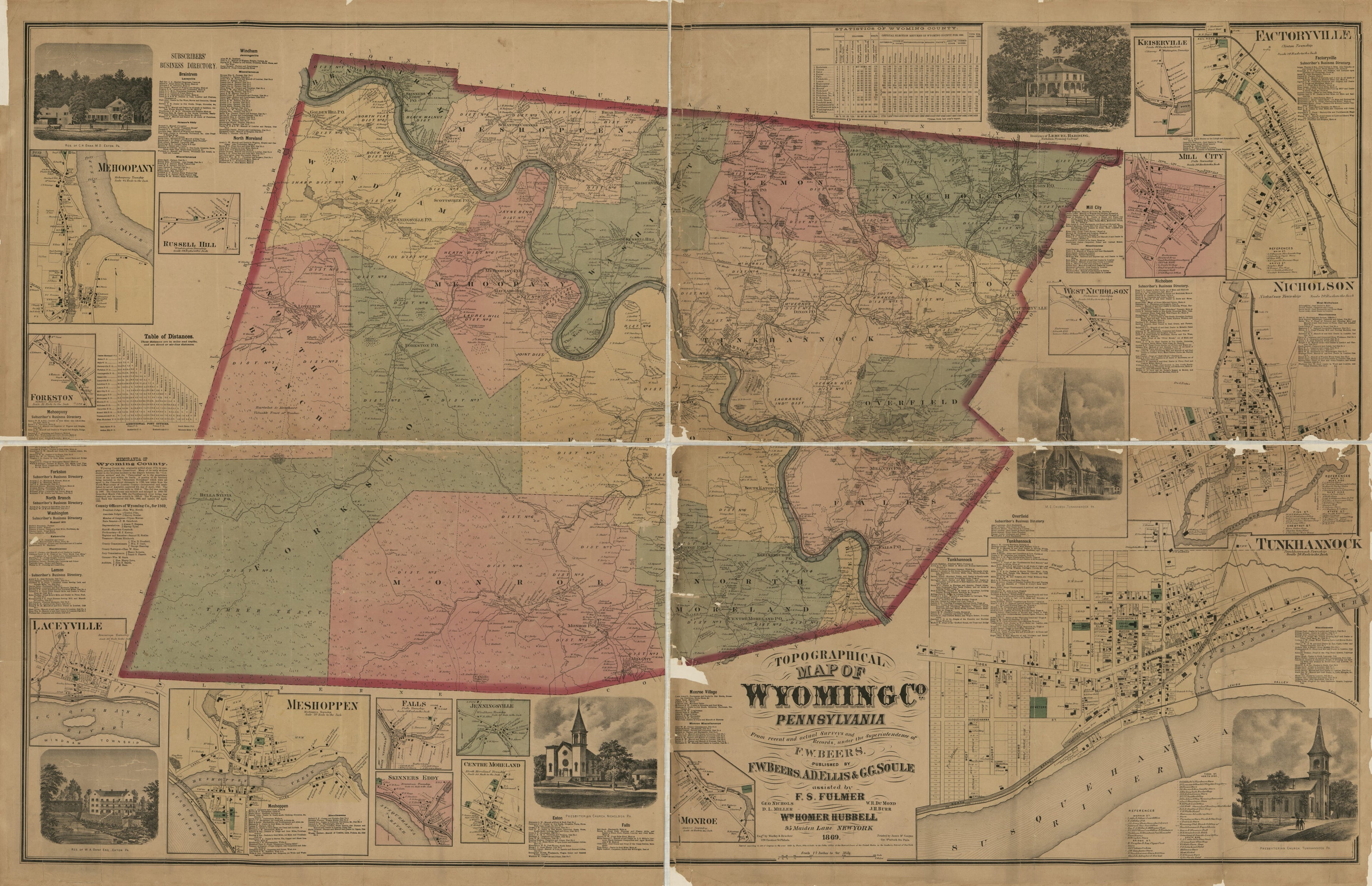 This old map of Topographical Map of Wyoming Co., Pennsylvania : from Recent and Actual Surveys and Records from 1869 was created by F. W. (Frederick W.) Beers, F. S. Fulmer, Wm. Homer (William Homer) Hubbell, James McGuigan, Worley & Bracher in 1869