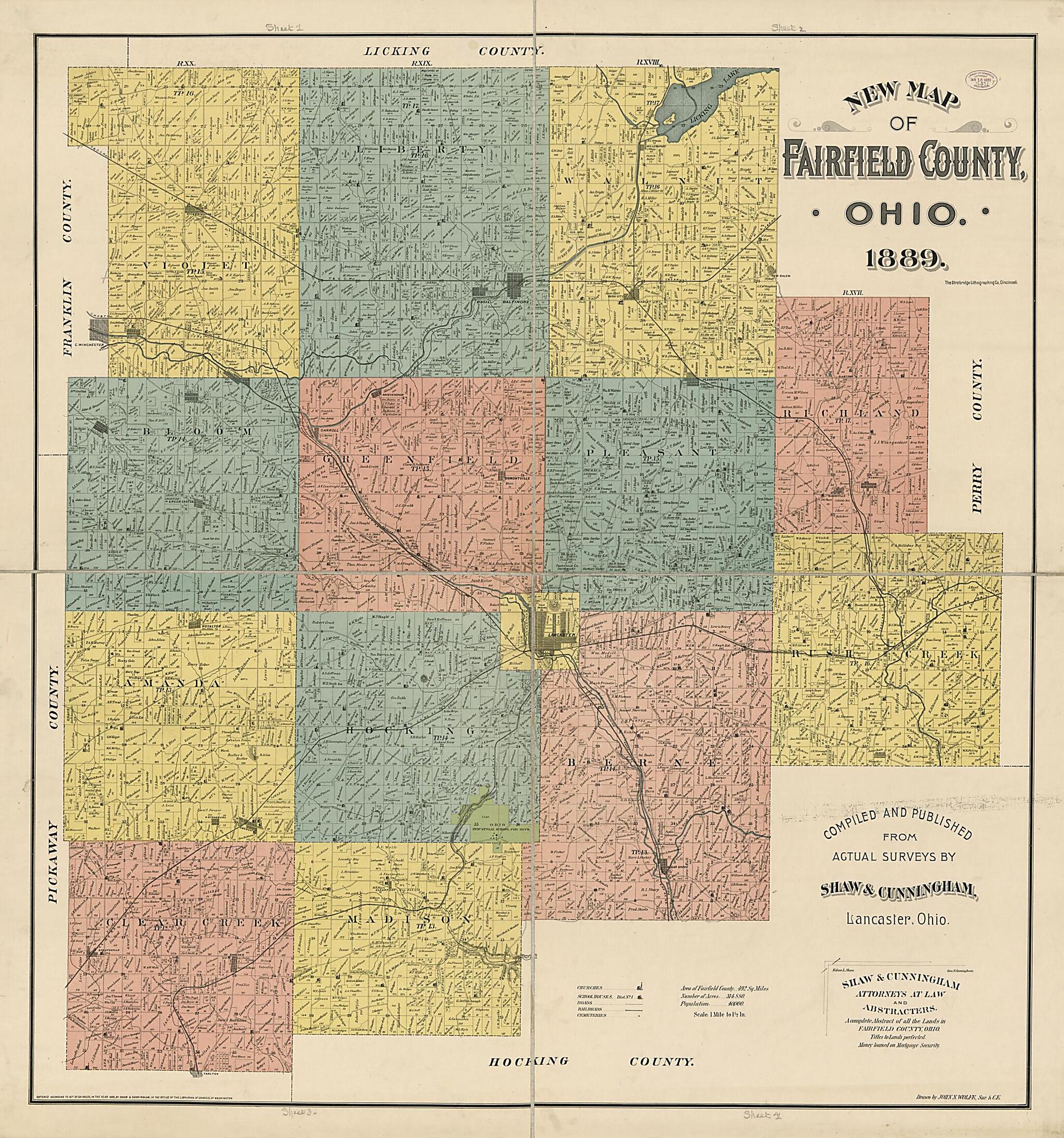 This old map of New Map of Fairfield County, Ohio from 1889 was created by Shaw & Cunningham, Strobridge Lithographing Co, John N. Wolfe in 1889