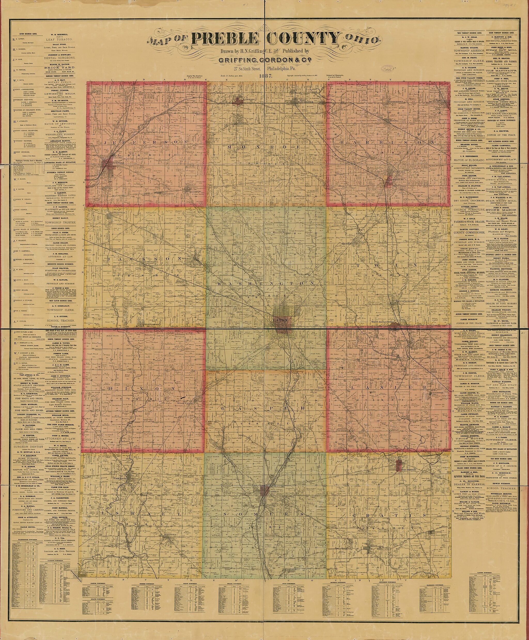 This old map of Map of Preble County, Ohio from 1887 was created by Wm. (William) Bracher, B. F. Griffing, Gordon & Co Griffing in 1887