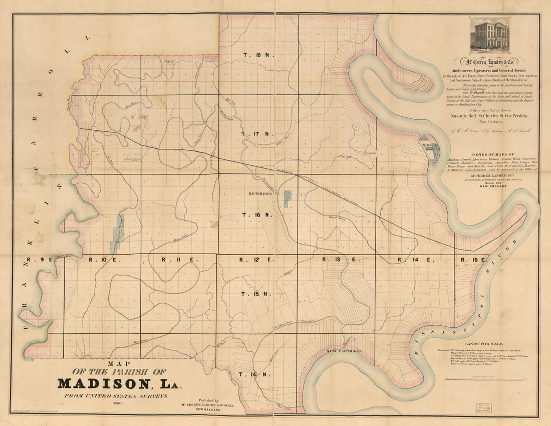 This old map of Map of the Parish of Madison, La. : from United States Surveys. (Map of the Parish of Madison, Louisiana) from 1860 was created by Landry & Powell McCerren in 1860