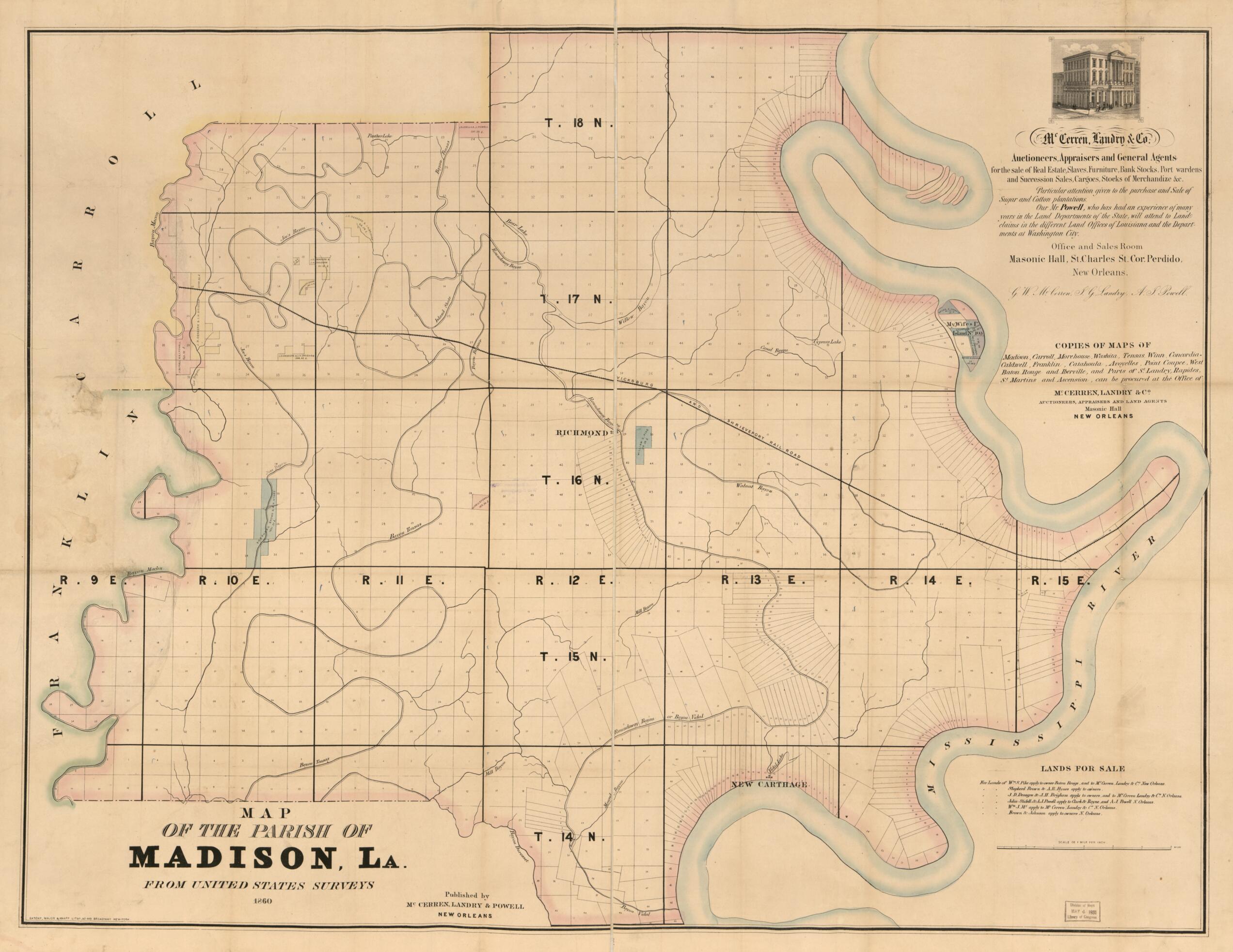 Map of the Parish of Madison, La. : from United States Surveys. (Map of the Parish of Madison, Louisiana) 1860 by Relic Map Company