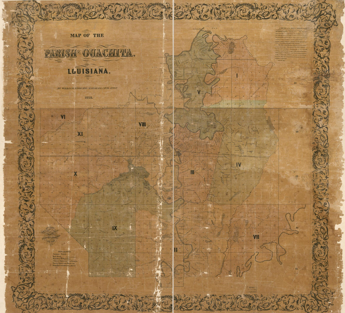 This old map of Map of the Parish of Ouachita, Louisiana from 1858 was created by William Everard Marshall, Pudney & Russell in 1858