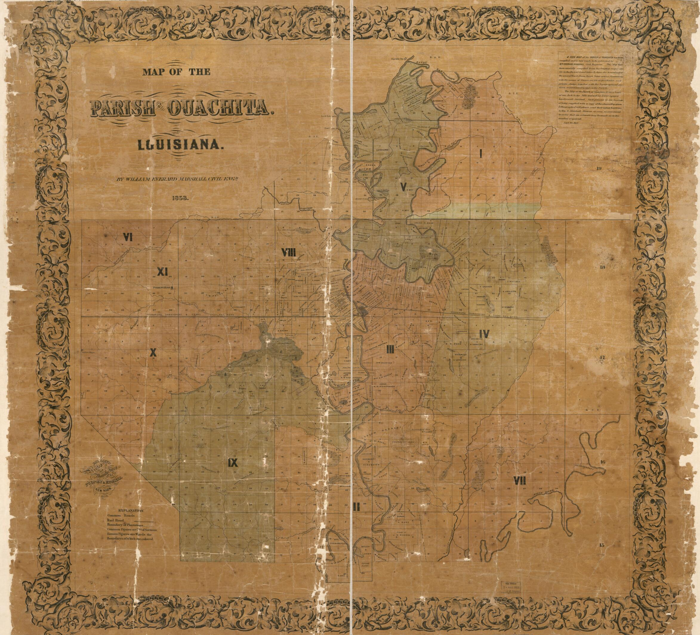 This old map of Map of the Parish of Ouachita, Louisiana from 1858 was created by William Everard Marshall, Pudney & Russell in 1858