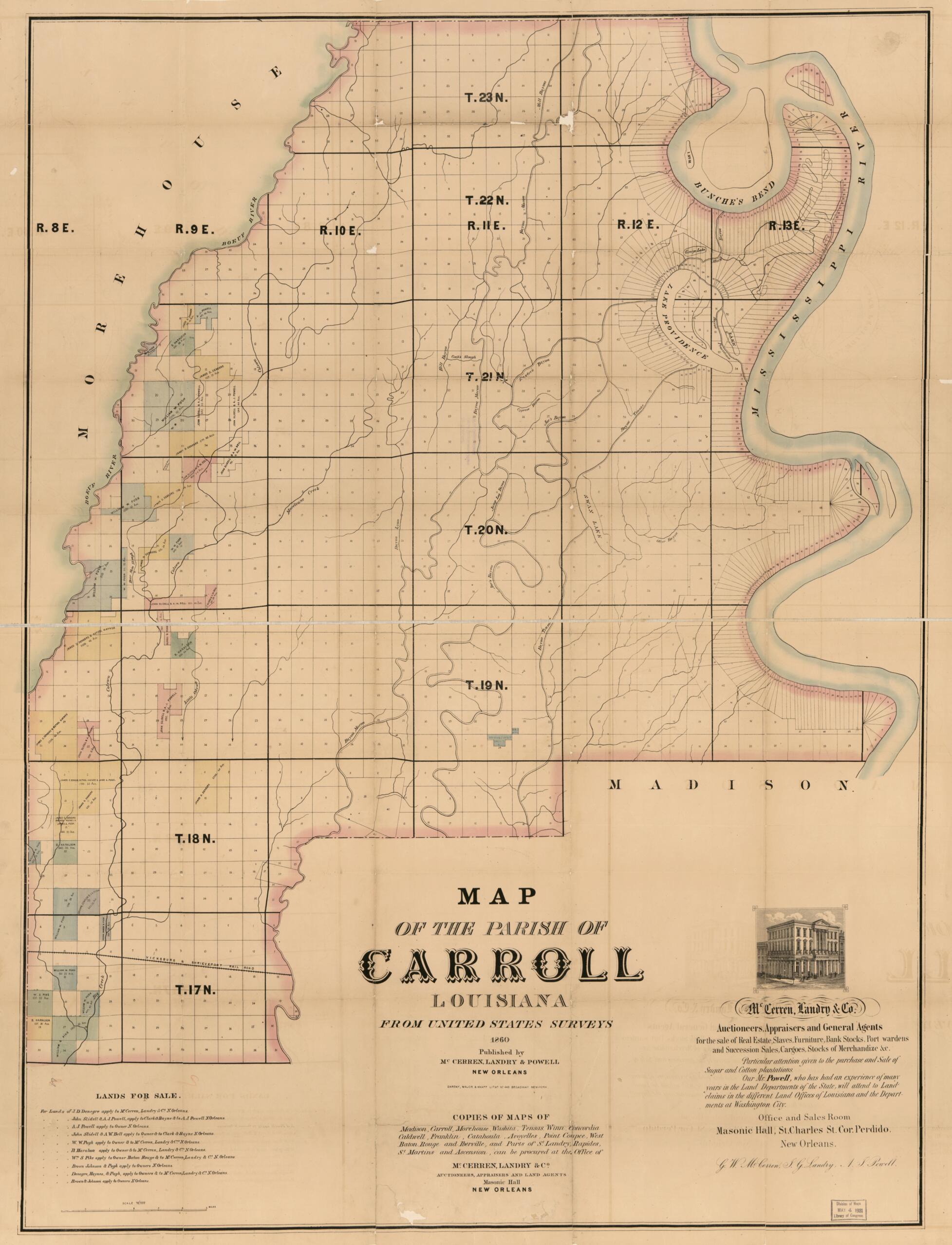 This old map of Map of the Parish of Carroll, Louisiana : from the United States Surveys from 1860 was created by Landry & Powell McCerren in 1860