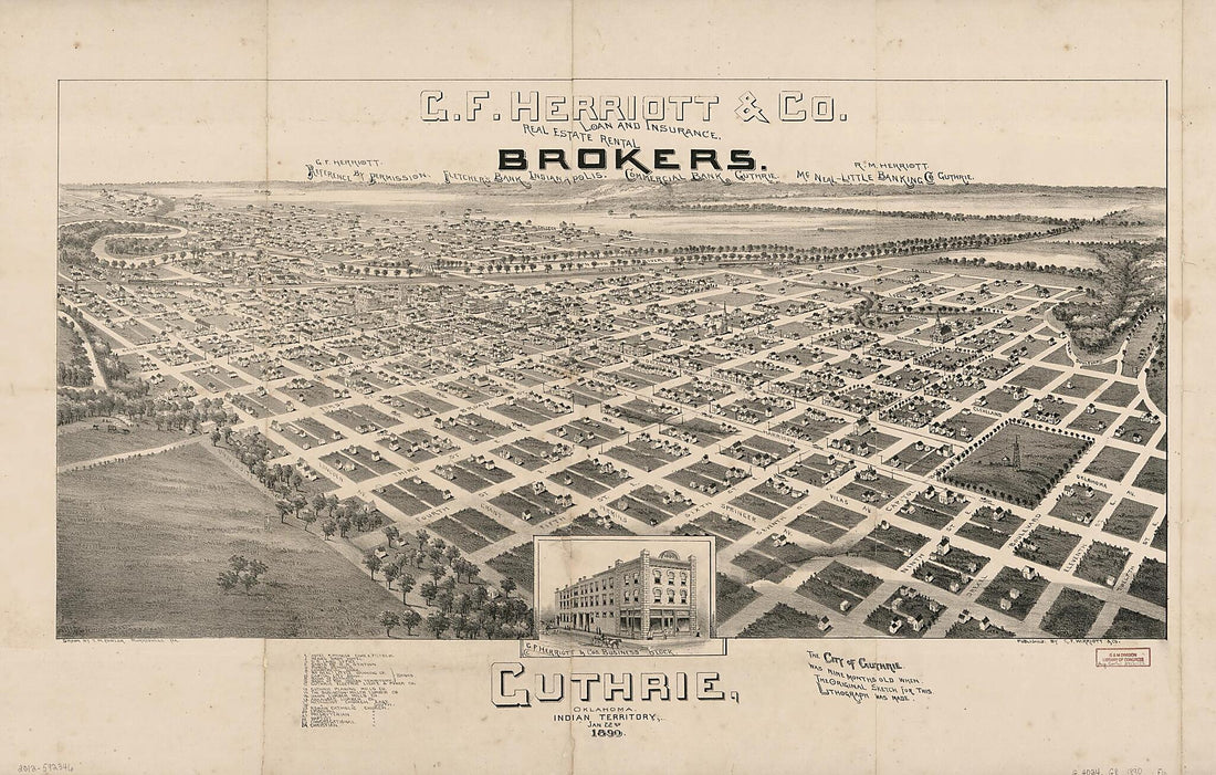 This old map of Guthrie, Oklahoma, Indian Territory, Jan. 22nd from 1890 was created by T. M. (Thaddeus Mortimer) Fowler in 1890