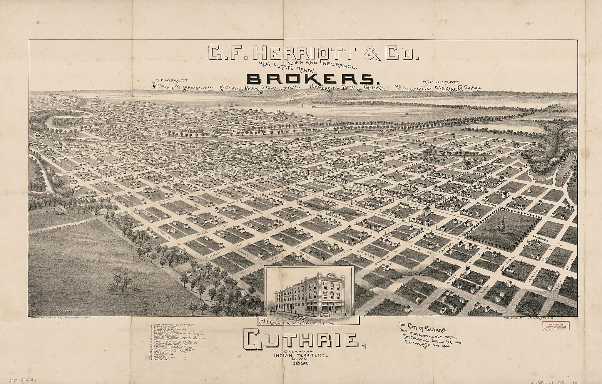 This old map of Guthrie, Oklahoma, Indian Territory, Jan. 22nd from 1890 was created by T. M. (Thaddeus Mortimer) Fowler in 1890
