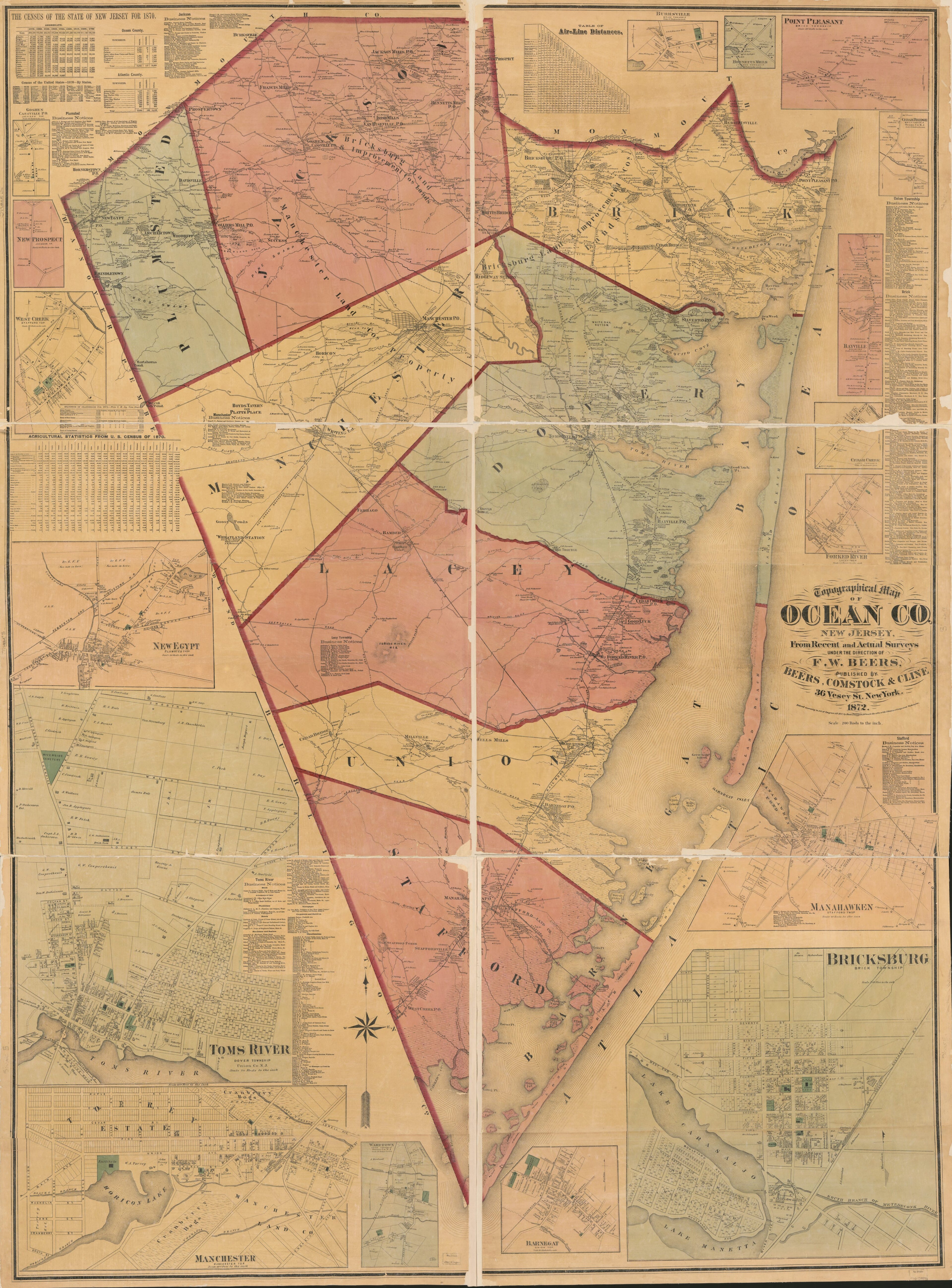 This old map of Topographical Map of Ocean Co., New Jersey : from Recent and Actual Surveys from 1872 was created by Comstock & Cline Beers, F. W. (Frederick W.) Beers in 1872