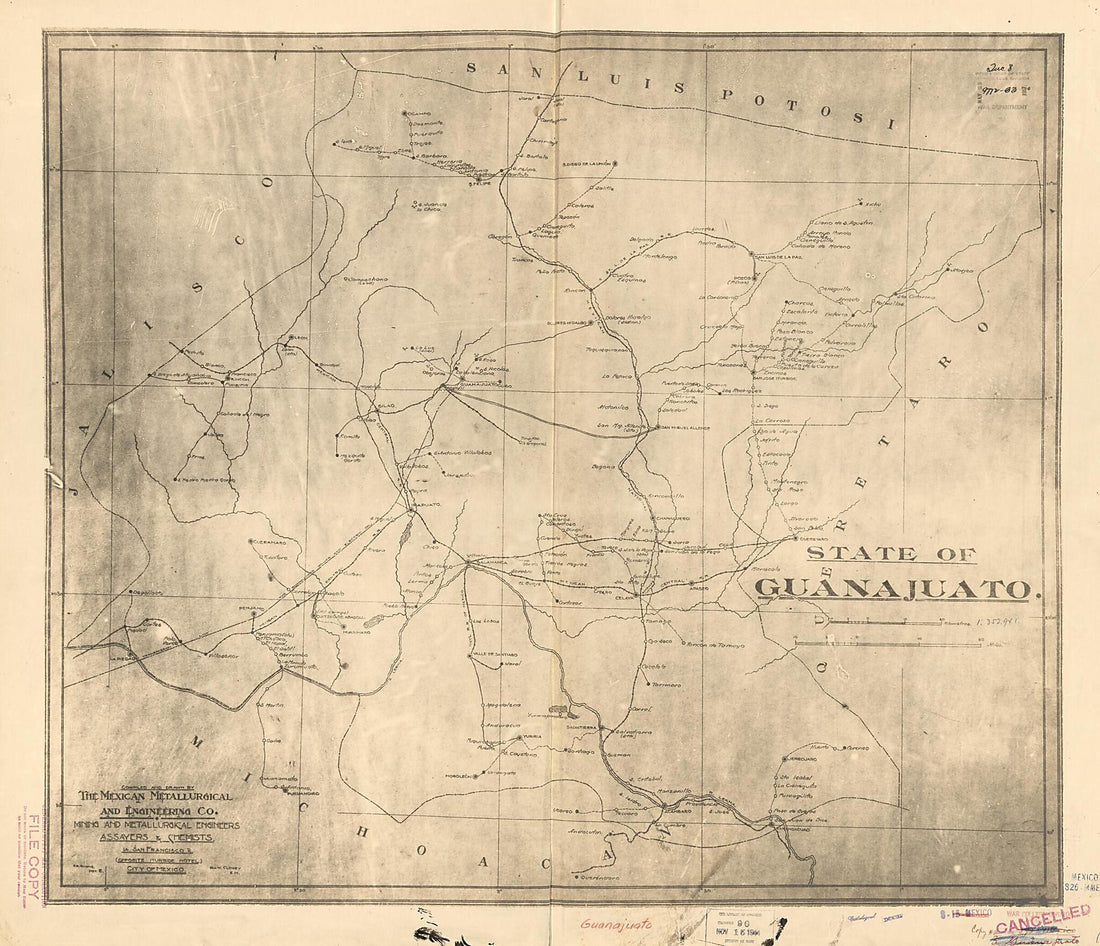This old map of State of Guanajuato from 1910 was created by Mexican Metallurgical and Engineering Co in 1910