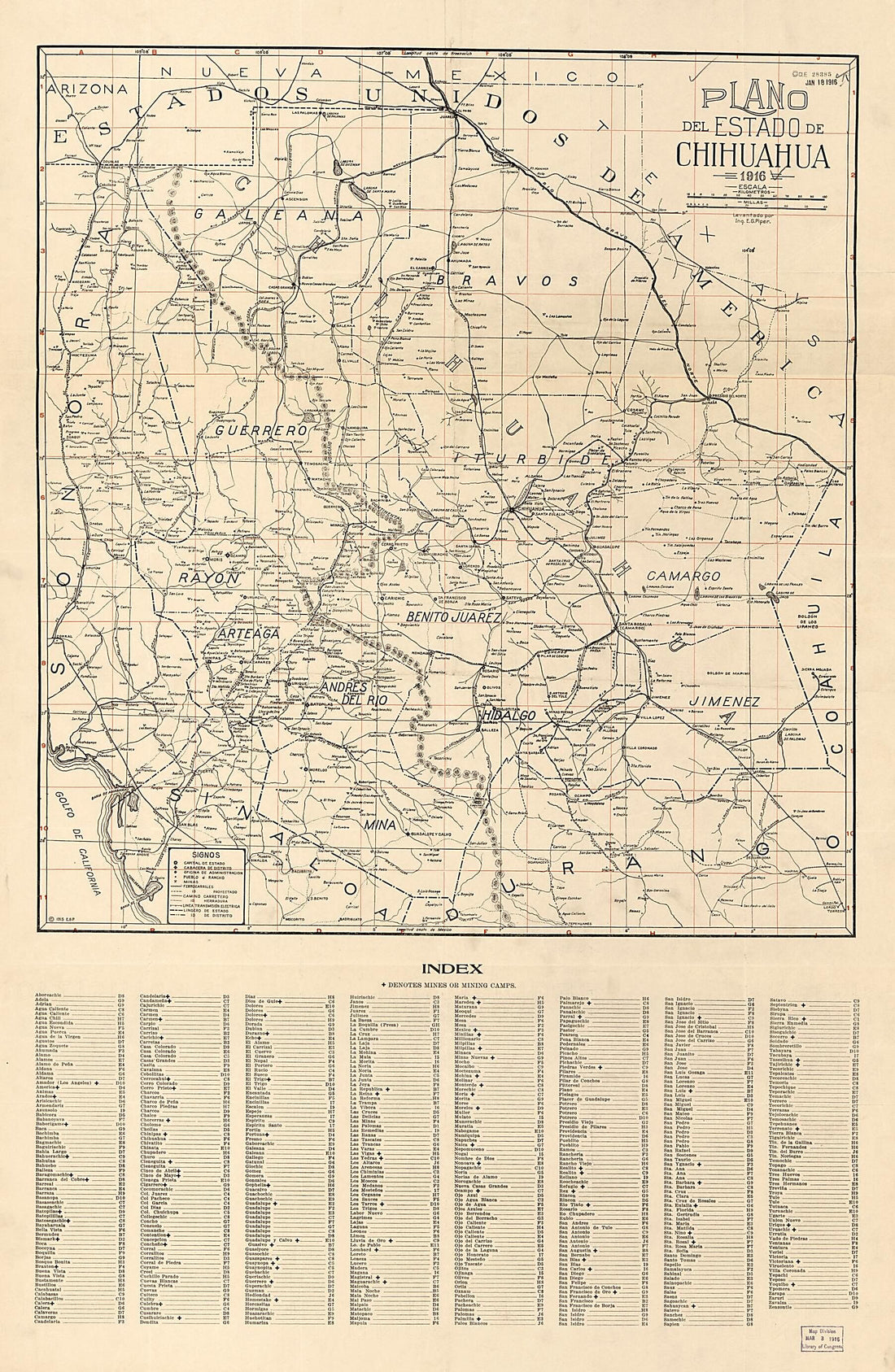 This old map of Plano Del Estado De Chihuahua from 1916 was created by E. G. Piper in 1916