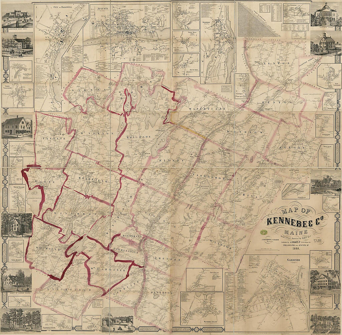 This old map of Map of Kennebec County, Maine from 1856 was created by J. Chace, J. Southwick in 1856