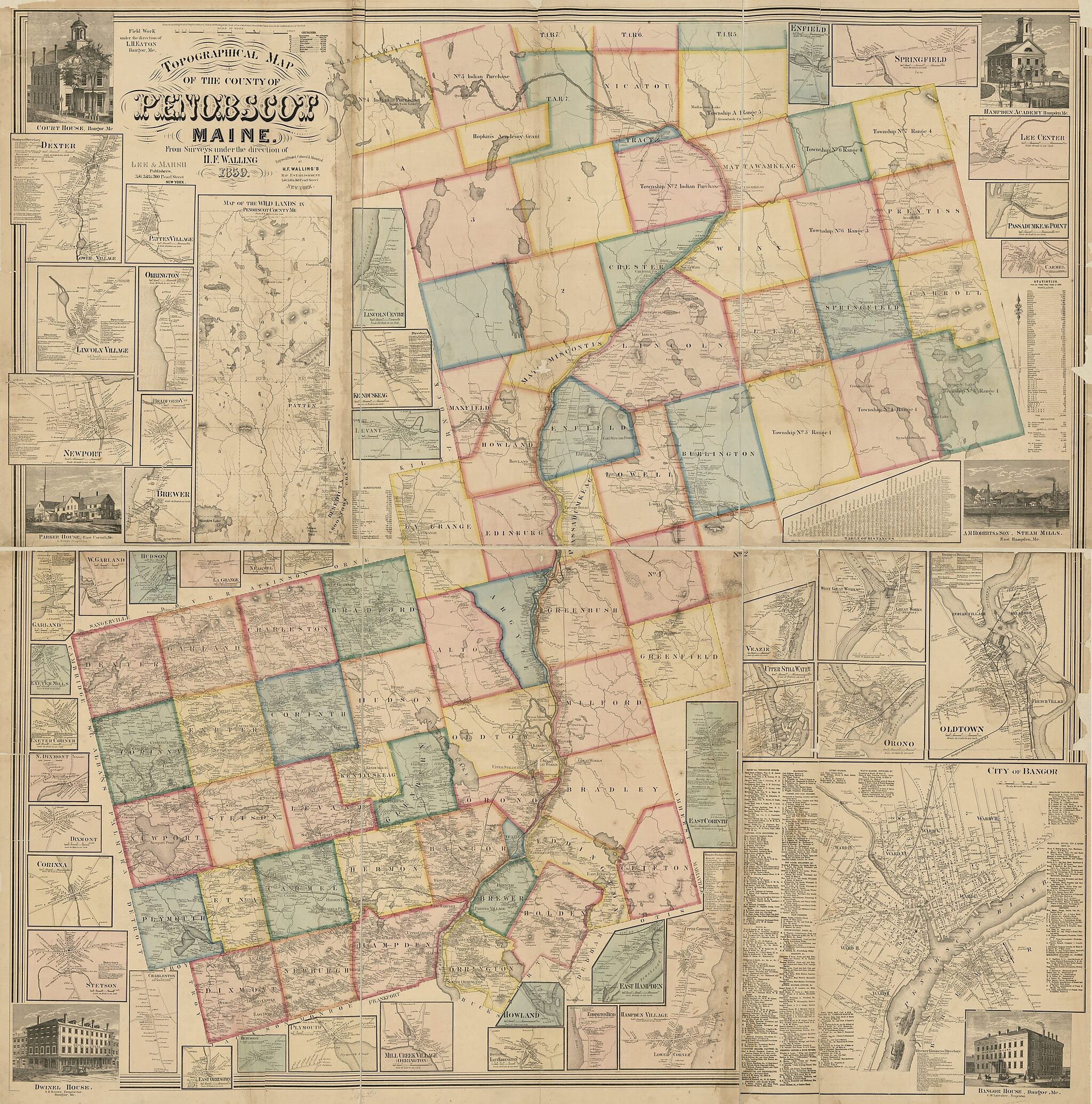 This old map of Topographical Map of the County of Penobscot, Maine from 1859 was created by Lee & Marsh, Henry Francis Walling in 1859