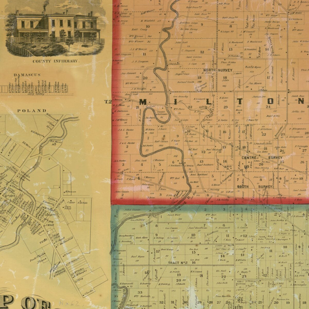 This old map of Map of Mahoning County, Ohio : Showing the Original Lots and Farm from 1860 was created by J. W. Canfield, William Schuchman in 1860