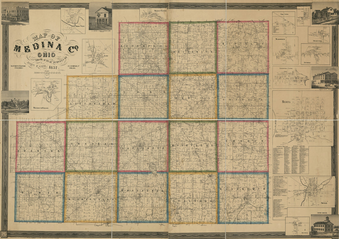 This old map of Map of Medina Co., Ohio from 1857 was created by John F. Geil in 1857